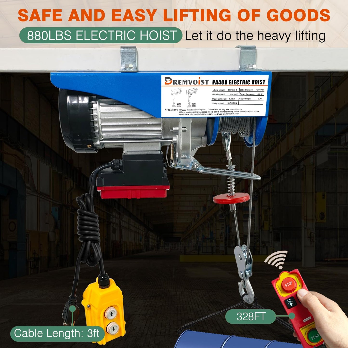 Dremvoist 880lbs Lift Electric Hoist,Wireless/Wired 2 in 1,110v Electric Hoist Winch,Electric Hoist with Remote Control,with 33/66FT Lifting Height,for Garage,Factories,Warehouses,Construction Site