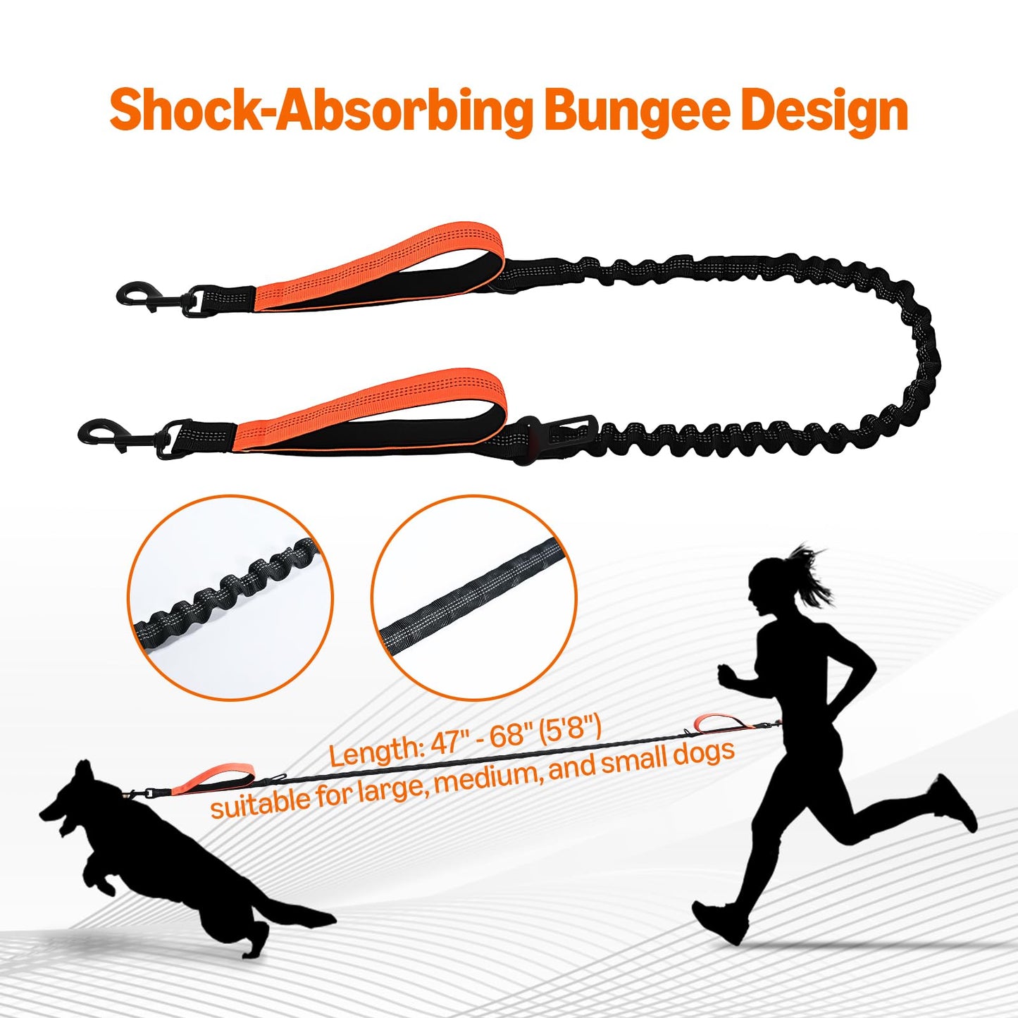 Amazon Basics Hands Free Dog Leash with Running Bag, Adjustable Waist Belt, Dual Padded Handles, Reflective Bungee Leash for Walking, Jogging, Hiking, Fits Small to Large Dogs (Up to 150 lbs)