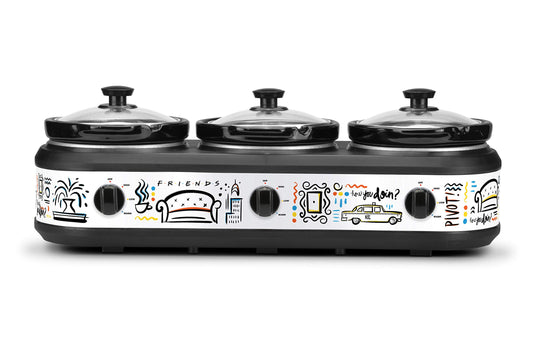Friends Three 2.5 Qt Buffet Server by Select Brands - Triple Slow Cooker with Removable Stoneware Inserts - Independent Heat Controls - Lid Rests & Serving Spoons Included