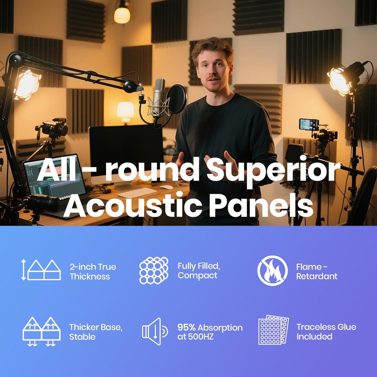 Focusound Acoustic Panels 50 Pack 2"x12"x12" with 300 PCS Double-Side Adhesive - Sound Proof Pyramid Foam for Walls, Home Studio Noise Absorption & Echo Control Kit