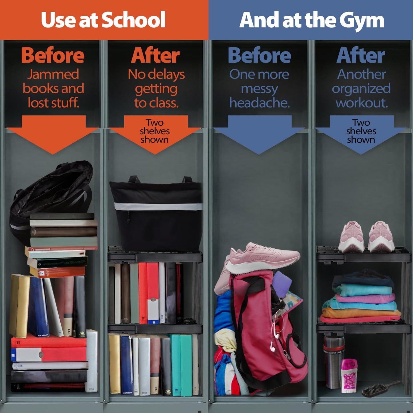 Piffny Locker Organizer Shelf， Adjustable Width and Height, Ideal Locker for School, Office, and Gym Lockers (Black 2 Pack), PLKSLF01