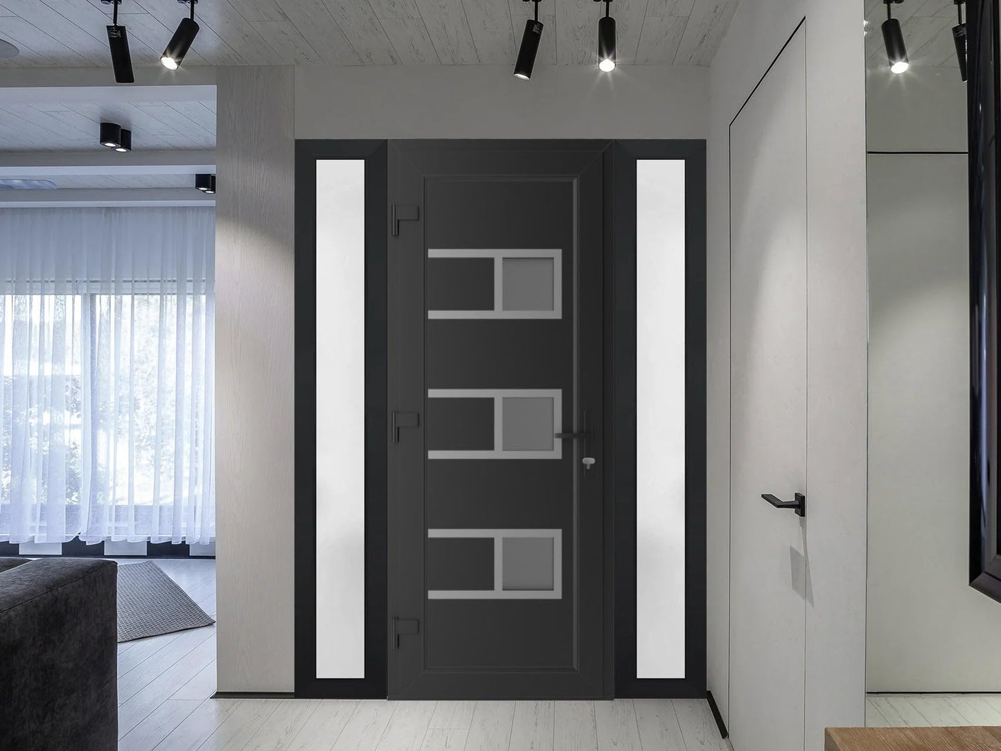 VDOMDOORS Front Exterior Prehung Metal-Plastic Door Frosted Glass | Manux 8933 Matte Black | 2 Side Sidelite Transoms | Residential Doors Entrance Patio Garage 60 x 80 (W14+32+14 x H80) Right-Inswing