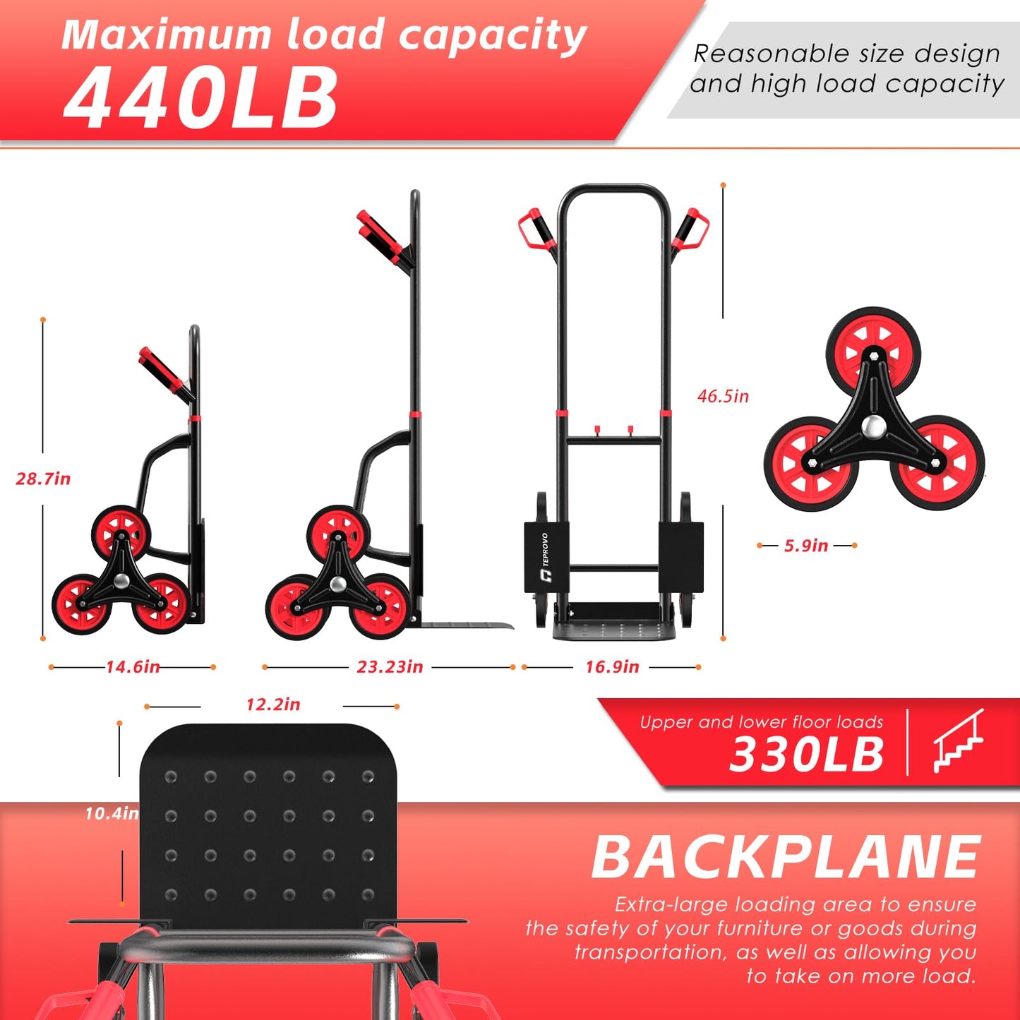 Stair Climbing Hand Truck 440lb，Heavy Duty Dolly Cart for Stairs，Thickened Upgraded Steel Tube Folding Stair Climbing Trolley with Six Wheels and Telescoping Handle