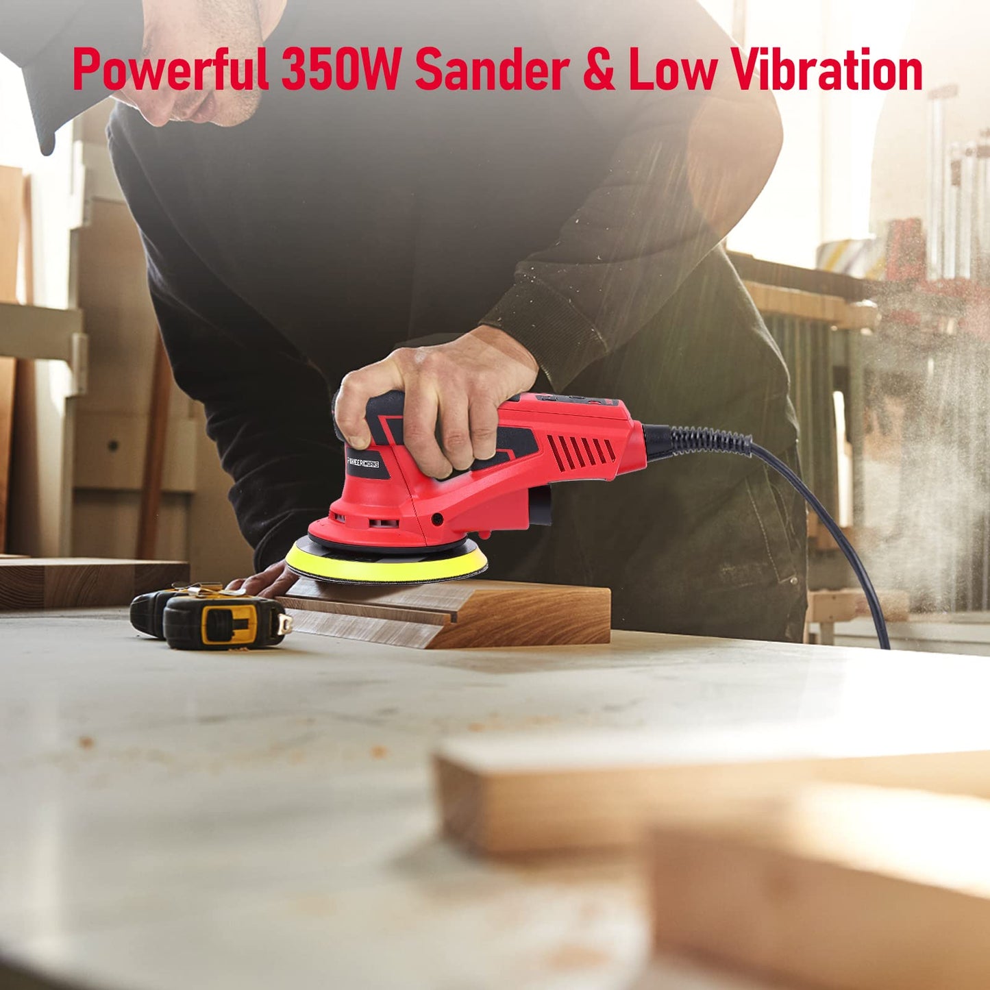 Electric Random Orbital Sander, PioneerWorks Brushless Motor, Powerful 350W & Low Vibration Palm Sander,10000 RPM Variable Speed,6-Inch Pads For Woodworking, Polishing, Sanding, Carpentry
