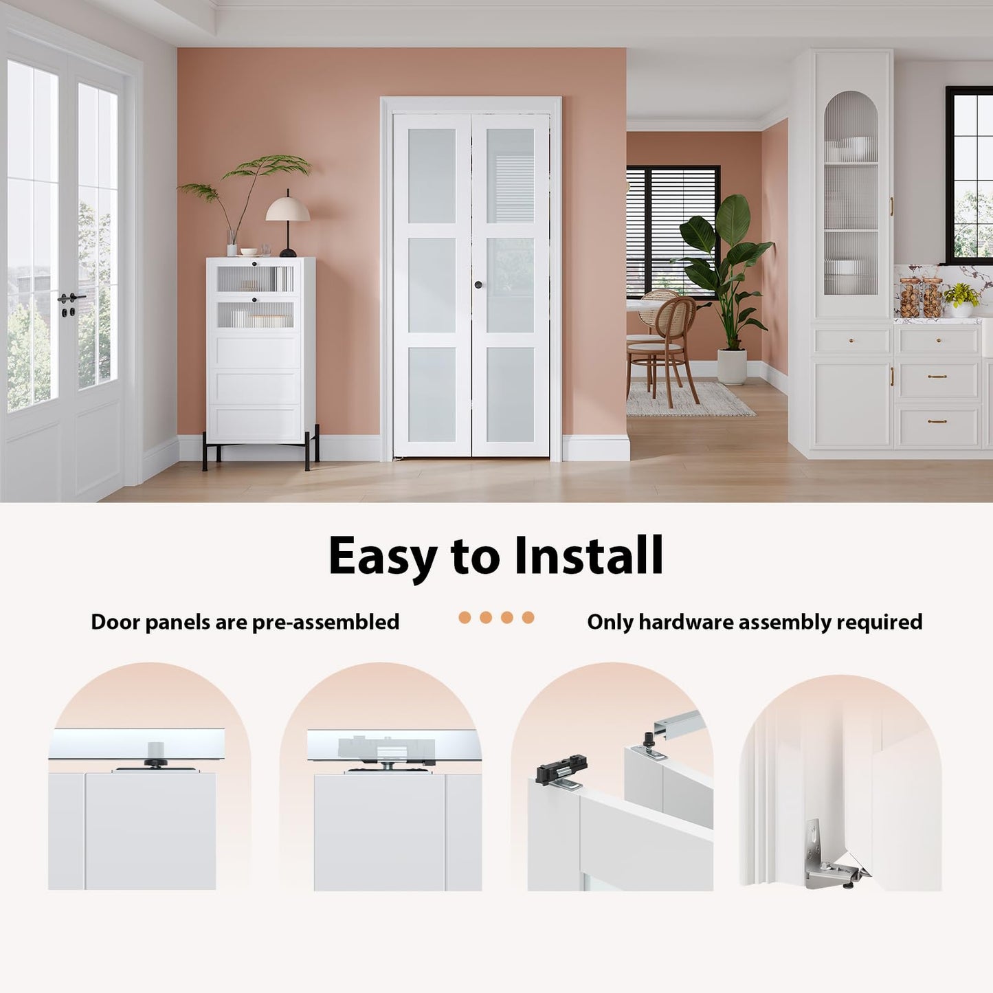 EaseLife Preassembled Bi-Fold Doors, for 36"x 80" Opening,Tempered Frosted Glass Closet Folding Barn Door with Concealed Hardware Kit,MDF Wood Panel,Water-Proof PVC Surface,Easy Installation