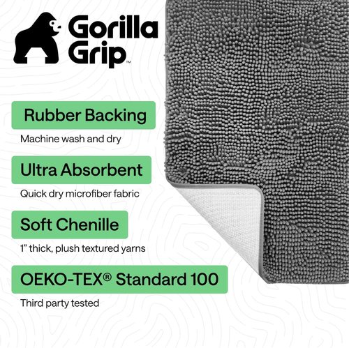 GORILLA GRIP Bath Rug Mat - Thick Soft Absorbent Chenille | Quick Dry Microfiber, 44x26, Grey
