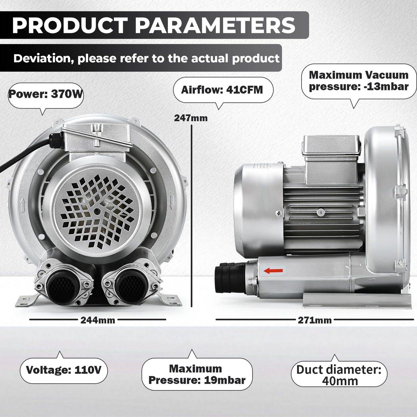 Byjoph 0.6HP Regenerative Blower, 41CFM 110V 60Hz Single Phase, High-Pressure Vortex Ring Blower, Industrial Vacuum Pump for Air Blowing Or Suction for Sewage Aeration Aquarium Fish Pond, Silver