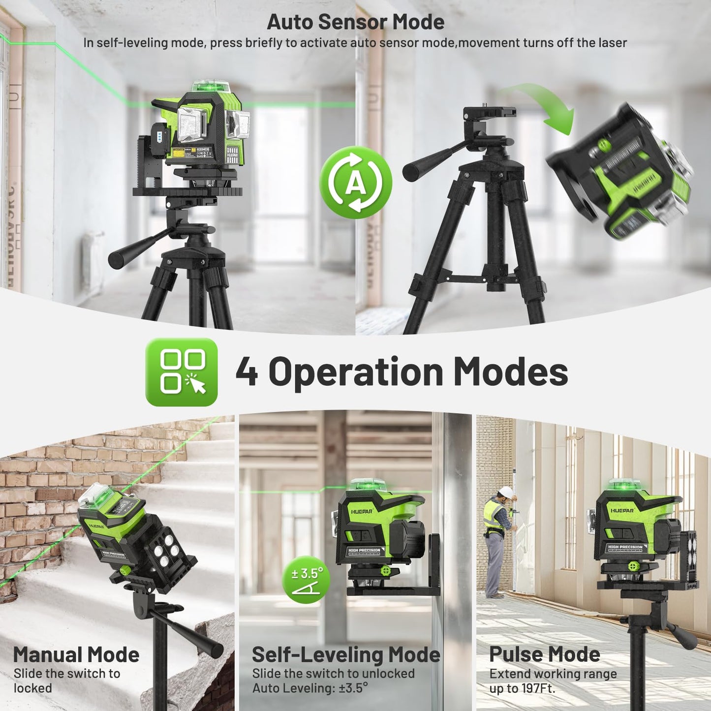 Huepar Laser Level 360 Self Leveling, 1/13 High Accuracy, 4D Green Laser Line Level with LCD Screen & Pulse Mode & Adjust Laser Brightness 4x360 Cross Line Laser -Magnetic Base, Hard Carry Case HX04CG