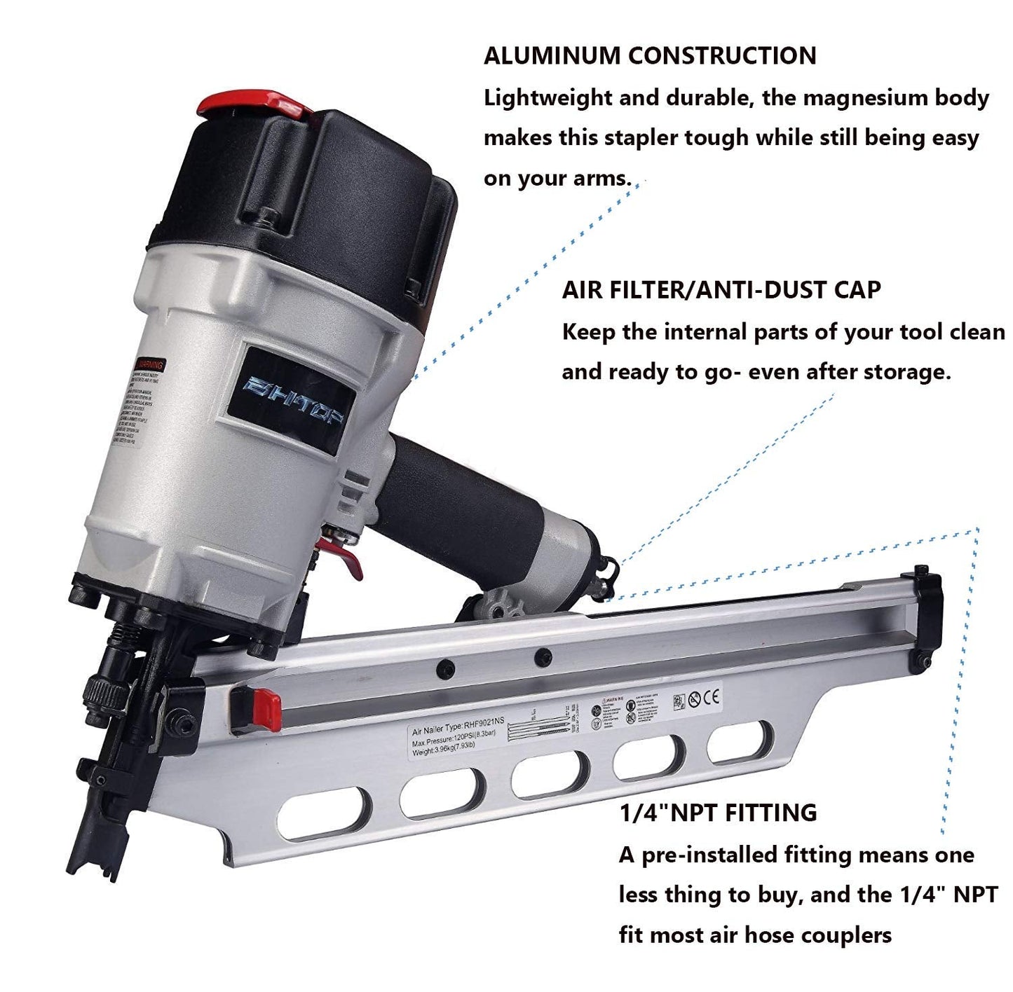 BHTOP 9021NS Framing Nailer 21 Degree 3-1/2" with Depth Adjustment with Set of 2 AP67 Aluminum Magazine (#885-827)