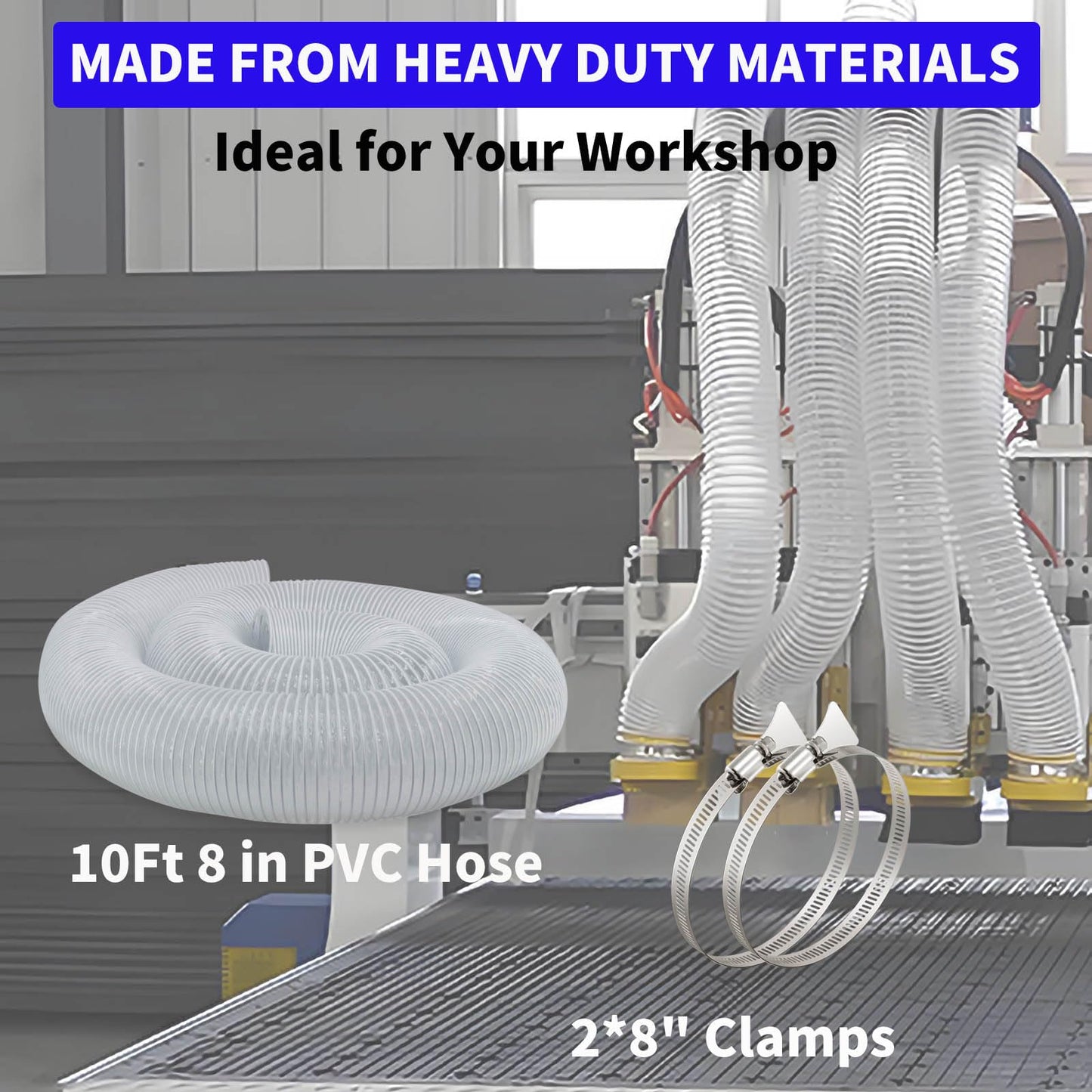 JUYO VONSAN 8 inch Dust Collection Hose 10ft Heavy Duty Flexible PVC Dust Collector Hose With Clamps (PVC, 8IN-10FT)