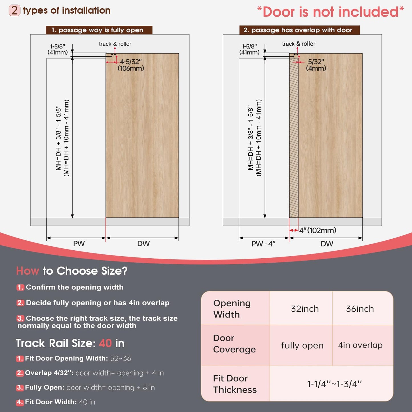 40" Concealed Sliding Barn Door Hardware Kit with Soft Close Mechanism for 32in Passage Opening, Hidden Aluminum Track System, Wall Mount for Interior Wooden Door (NO Door)