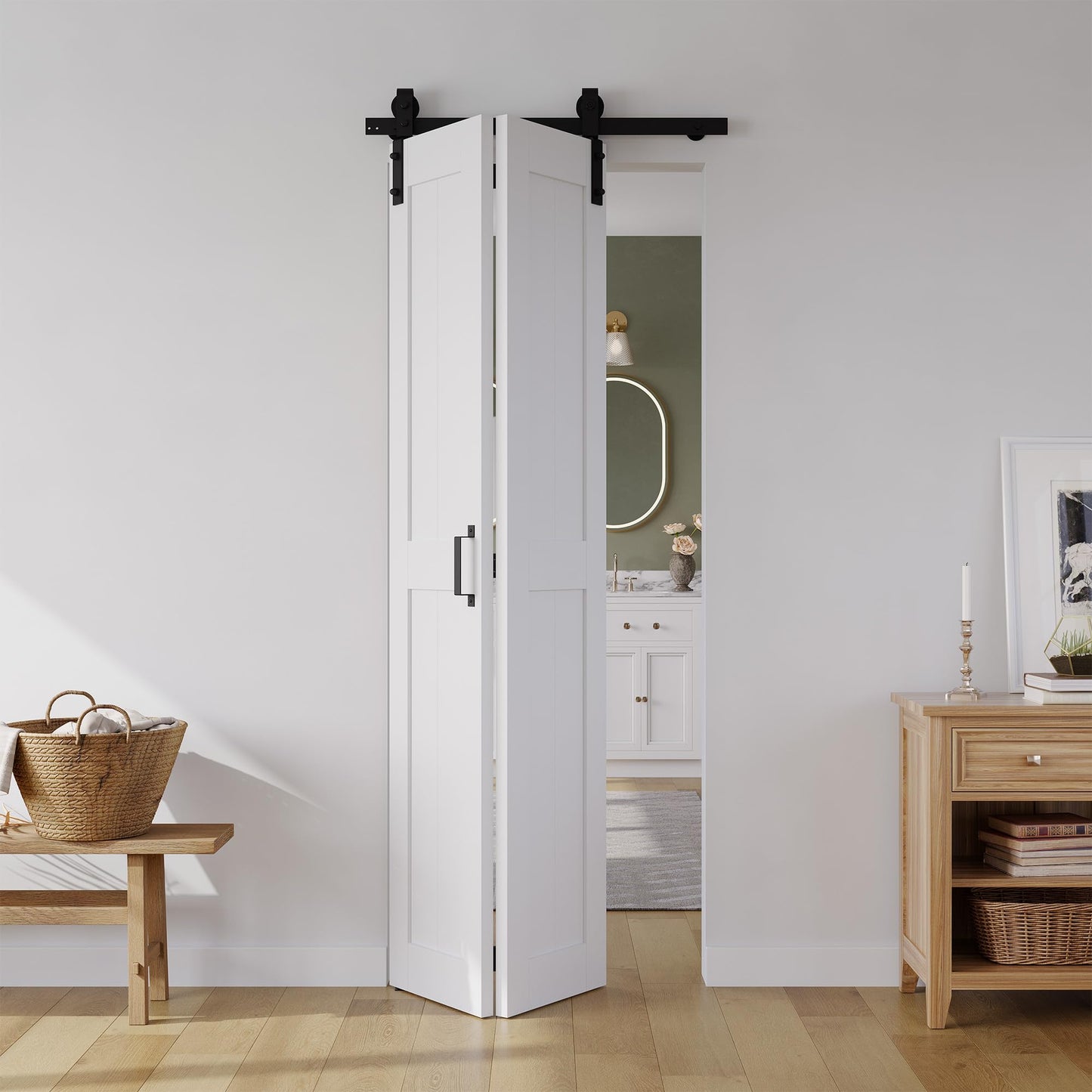Bifold Barn Door 28" x 84", MDF Bi-Fold Sliding Closet Doors with Hardware Kit Included, Pre-Finished Easy Assembly, Water-Proof PVC Surface & Save Space, H-Frame, 32" Track for 2 Doors,White