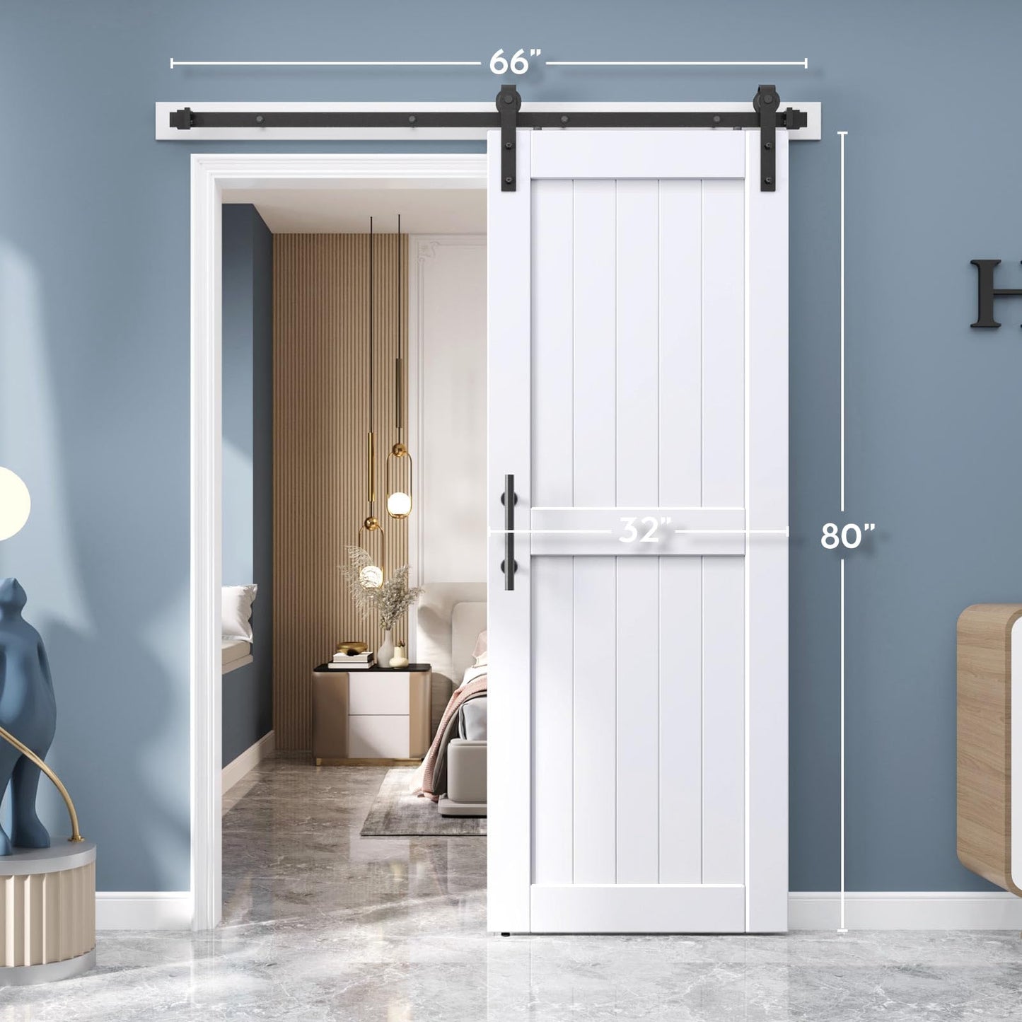 EaseLife 32 x 80 inch White Barn Door with 5.5FT Sliding Door Hardware Kit Included & Handle,Solid Wood Covered with Waterproof PVC Surface,DIY Assemblely,Easy Install,H-Frame,Fit 28-30in Wide Opening