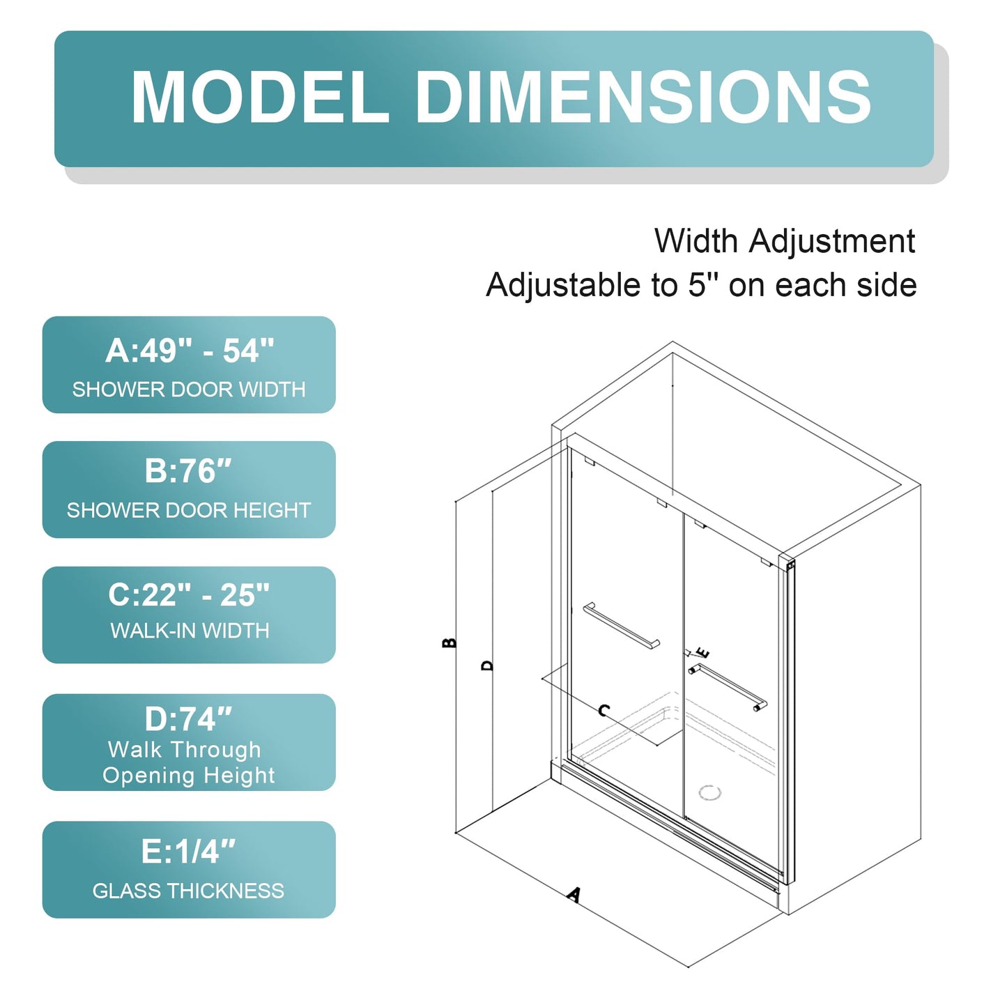 KPUY Glass Shower Door, 49-54" W x 76" H Semi-Frameless Double Sliding Shower Door, 1/4" (6mm) Thick Tempered Clear Glass with Explosion-Proof Film Nano Coating, Matte Black