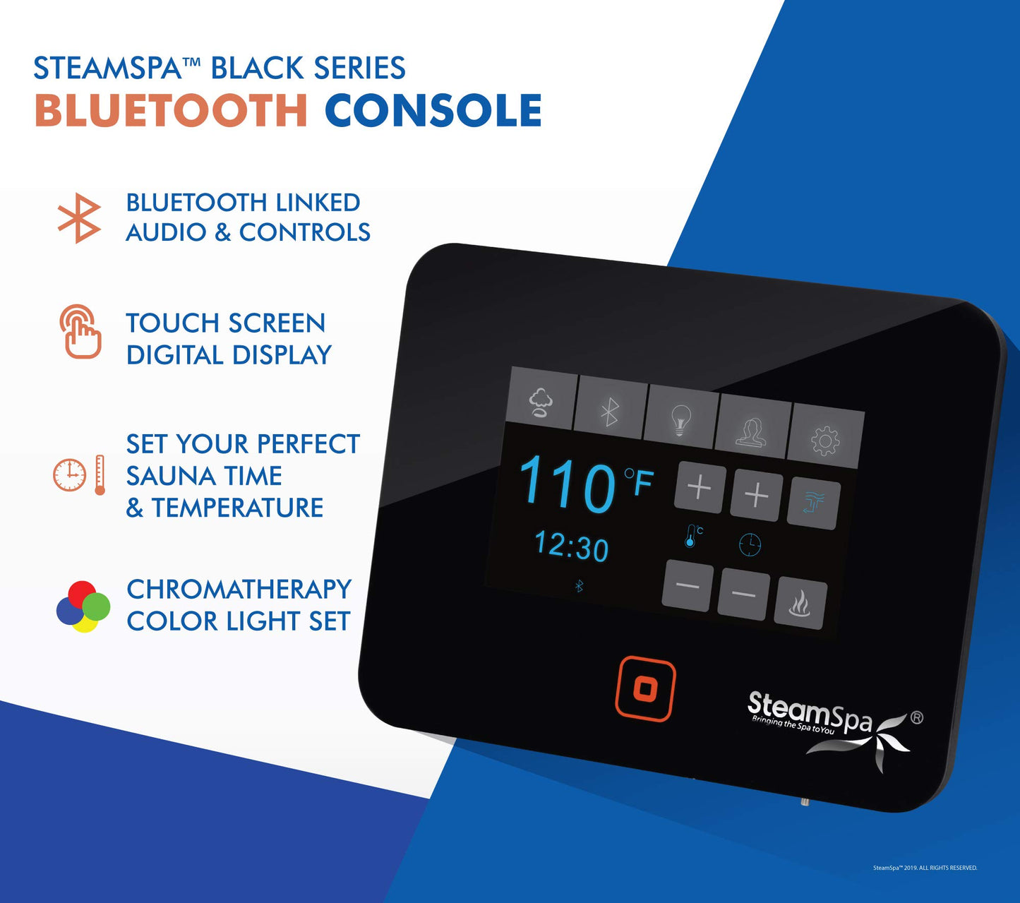 SteamSpa - Steam Shower Generator Kit System | Polished Chrome + Self Drain Combo| Enclosure Steamer Sauna Spa Stall Package|Touch Screen Wifi App/Bluetooth Control Panel |4.5 kW Raven | RVB450CH-A