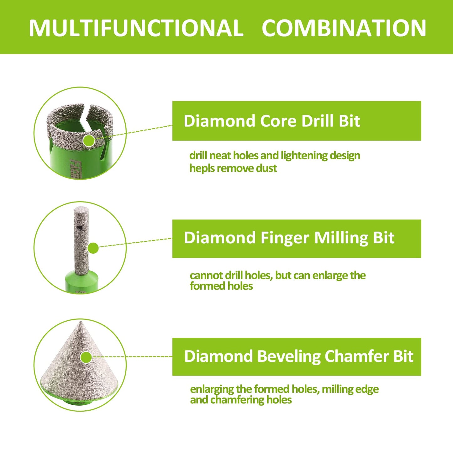 22pcs FACHLICH Tile Hole Saw Kit Diamond Core Drill Bits Set 1/4" 5/16" 4/5" 1" 1-3/8" 2" 3" 4" with 4/5" Finger Bit 2" Beveling Chamfer Bit for Porcelain Ceramic Granite Marble