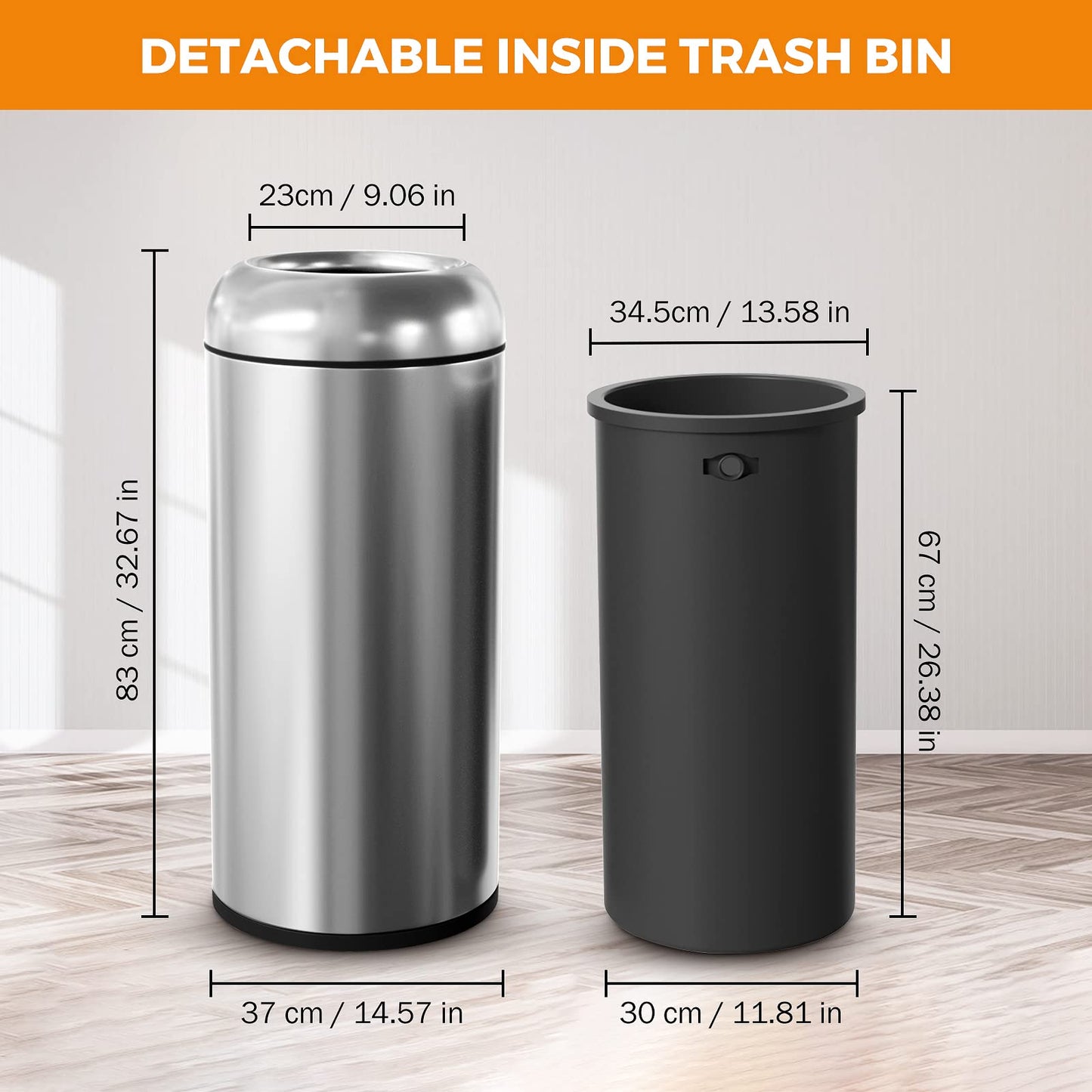 BEAMNOVA 15.8 * 15.8 * 35.5 in Black + 14.6 * 32.7 in Metallic Trash Can Stainless Steel Commercial Garbage Enclosure with Lid
