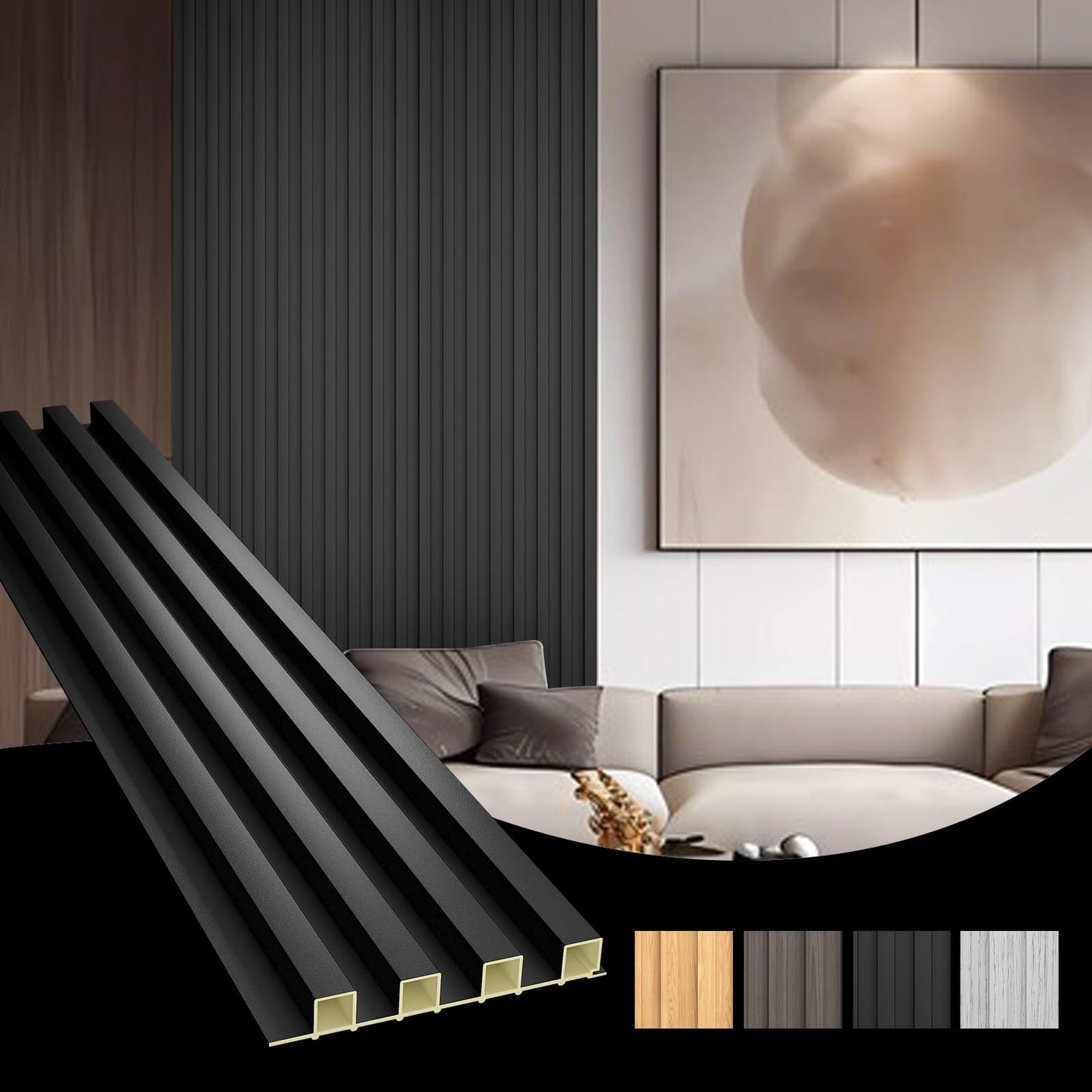 OUZUGIE WPC Acoustic Slat Wall Paneling, 8-Pack 96 x 6 Inches 3D Wall Panels for Interior Wall Decor,Living Room,TV Background,Study Room,Office Spaces,Bedroom,High Grille (Black)