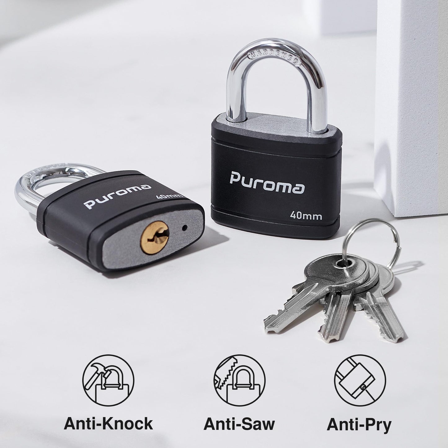 Puroma 2 Pack Keyed Padlock with 3 Keys Alike, 7/8 Inch Locker Lock 40mm Heavy-Duty Locks for Gate Fence Hasp Cabinet Toolbox School Gym Locker (Black)