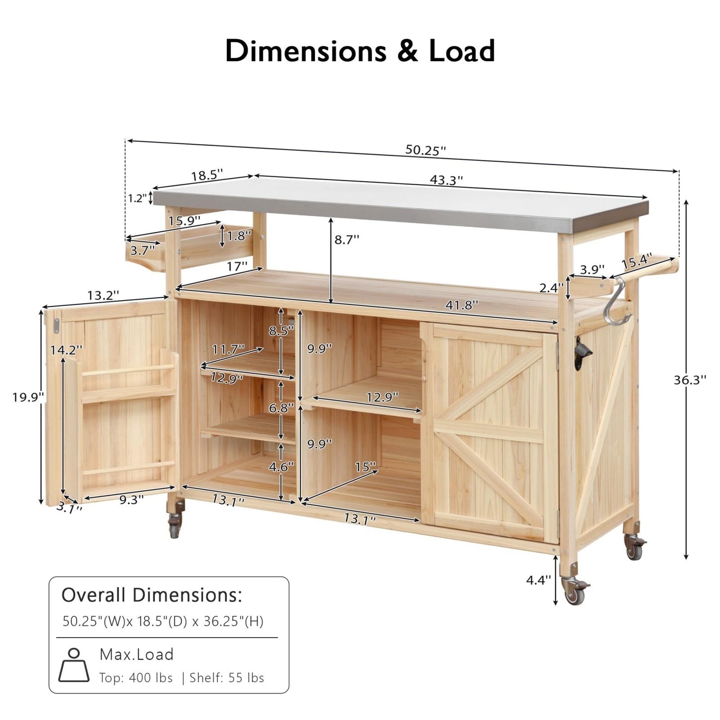 DFCHLDA Outdoor Kitchen Island Rolling Bar Cart & Storage Cabinet, Farmhouse Solid Wood Grill Table with Stainless Steel Top, Spice Rack & Towel Rack for Kitchen & BBQ(Natural, 50.25inch)