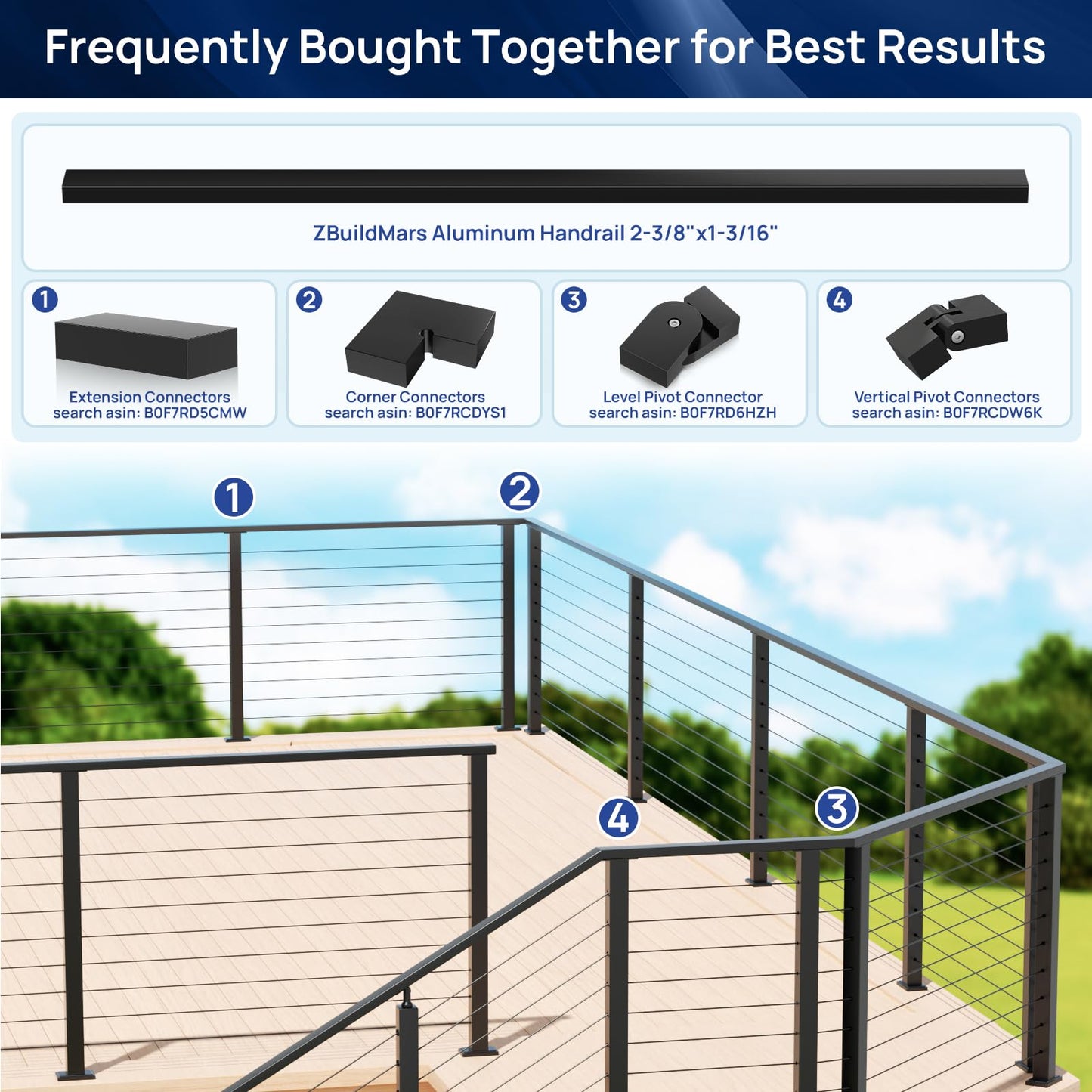 1 Pack 4FTx 2-3/8"x1-3/16 Aluminum Black Handrail with Self Drilling Screws Nylon End Caps, AAMA 2604 Coating, 3mm Thick Flat Handrail Cuttable Top Rail for Deck Stair Railing Indoor Outdoor