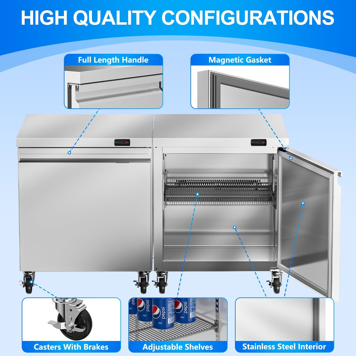 Rockitch 60" W Commercial Undercounter Freezer, 14.1 Cu.ft Stainless Steel Worktop Freezer, 2 Doors Fan Cooling Kitchen Fridge with Adjustable Shelves for Restaurant Food Prep, ETL Approved