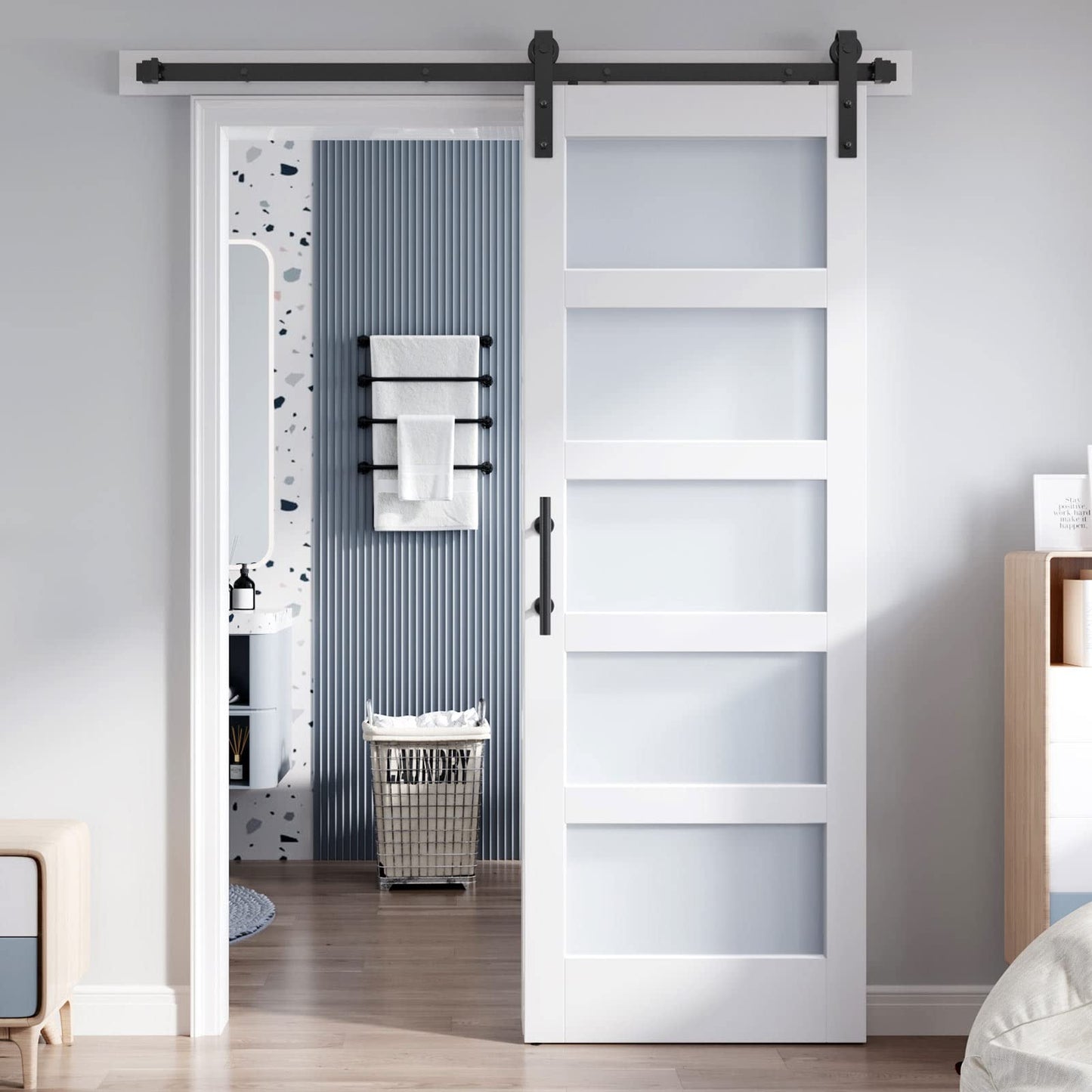 ROYMELO 28x84 Inch Glass Sliding Barn Door Slab and 5ft Hardware Kit Included, 5 Frosted Glass, LVL Wood Panel Covered with White Water-Proof Scratch-Proof PVC Surface, Simple DIY Assembly