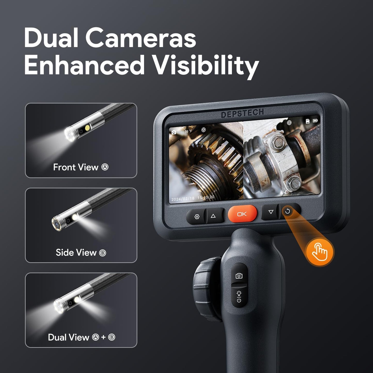 DEPSTECH Articulating Borescope Camera with Light: Dual Lens Industrial Endoscope with 4.5" Screen & 5FT Snake Cable, Video Inspection Scope Camera Automotive Tool for Wall, Pipe, Mechanic
