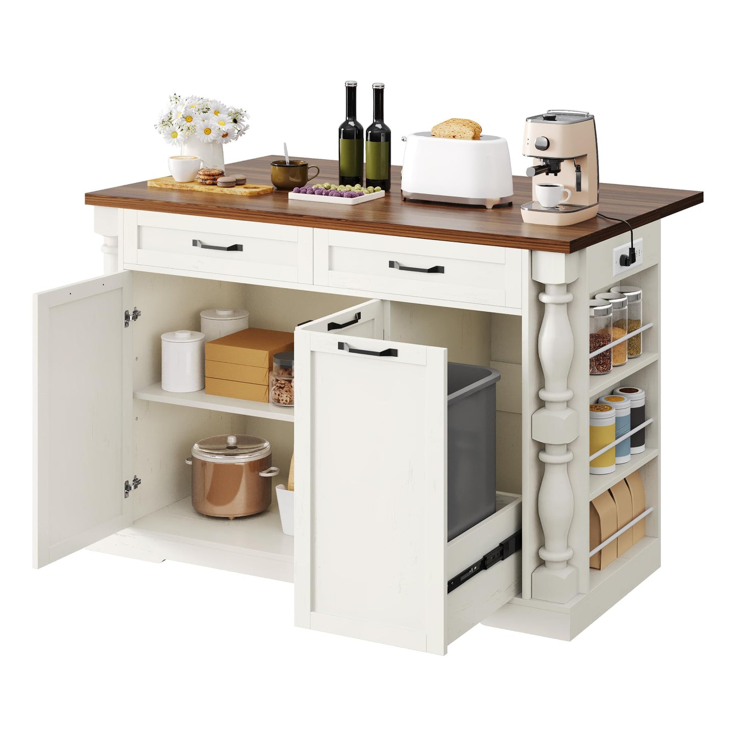 Homiflex Kitchen Island with Power Outlet & Trash Cabinet, 47.6" Roman Style Rolling Kitchen Island with Drop Leaf Tabletop 11.8", Kitchen Cart with Spice Rack & Drawers & Cabinets Coffee Bar Station