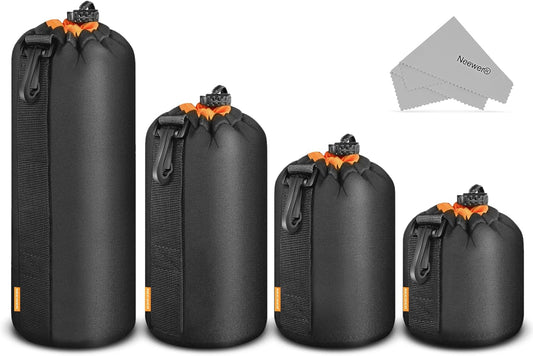 (4 Packs, 4 NEEWER Camera Lens Pouch Sizes) Thick Protective Bag with Drawstring Design, Orange Interior, Soft Plush