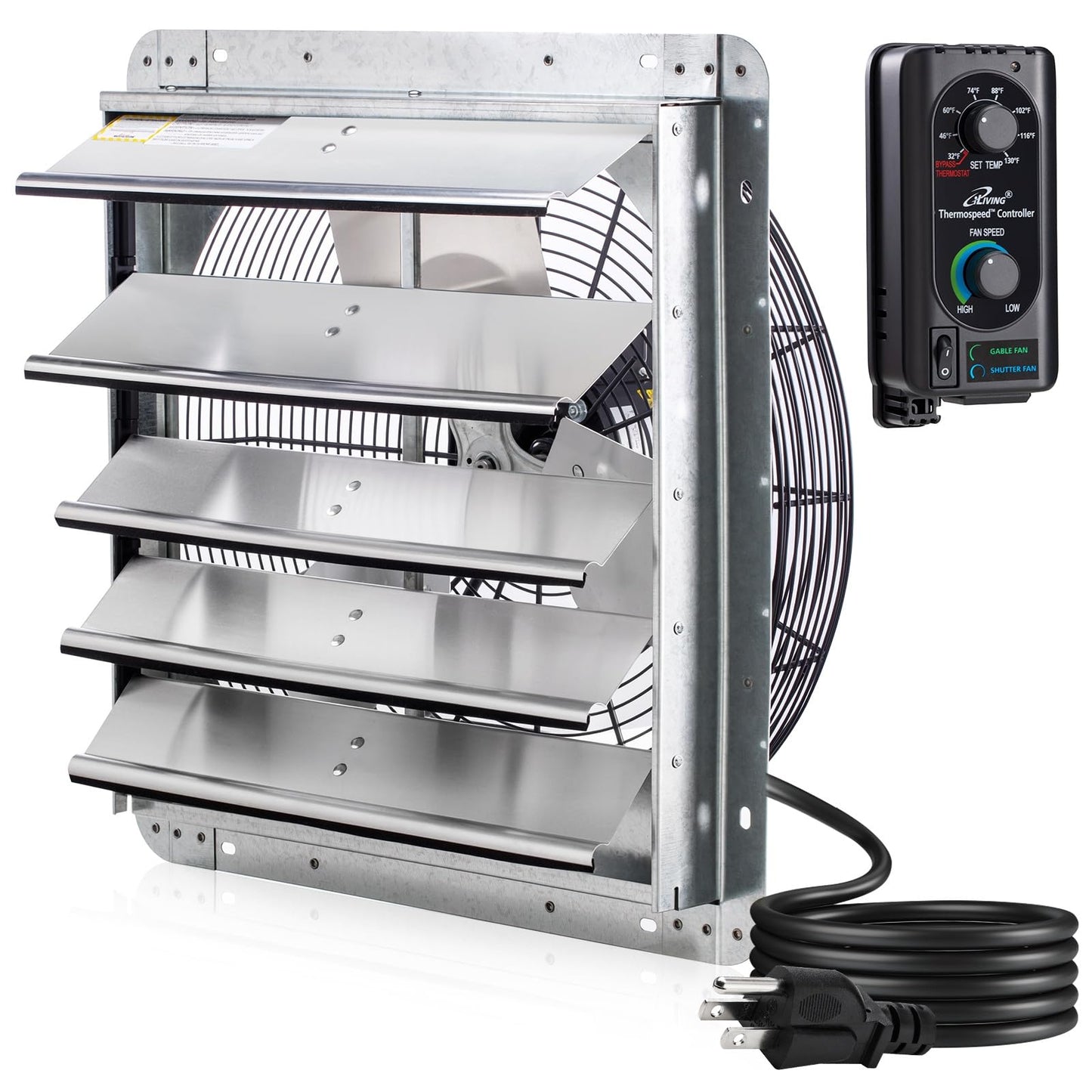 iLIVING 18" Wall Mounted Shutter Exhaust Fan, Automatic Shutter, with Thermostat and Variable Speed controller, 0.85A, 1736 CFM, 2600 SQF Coverage Area Silver (ILG8SF18V-ST)