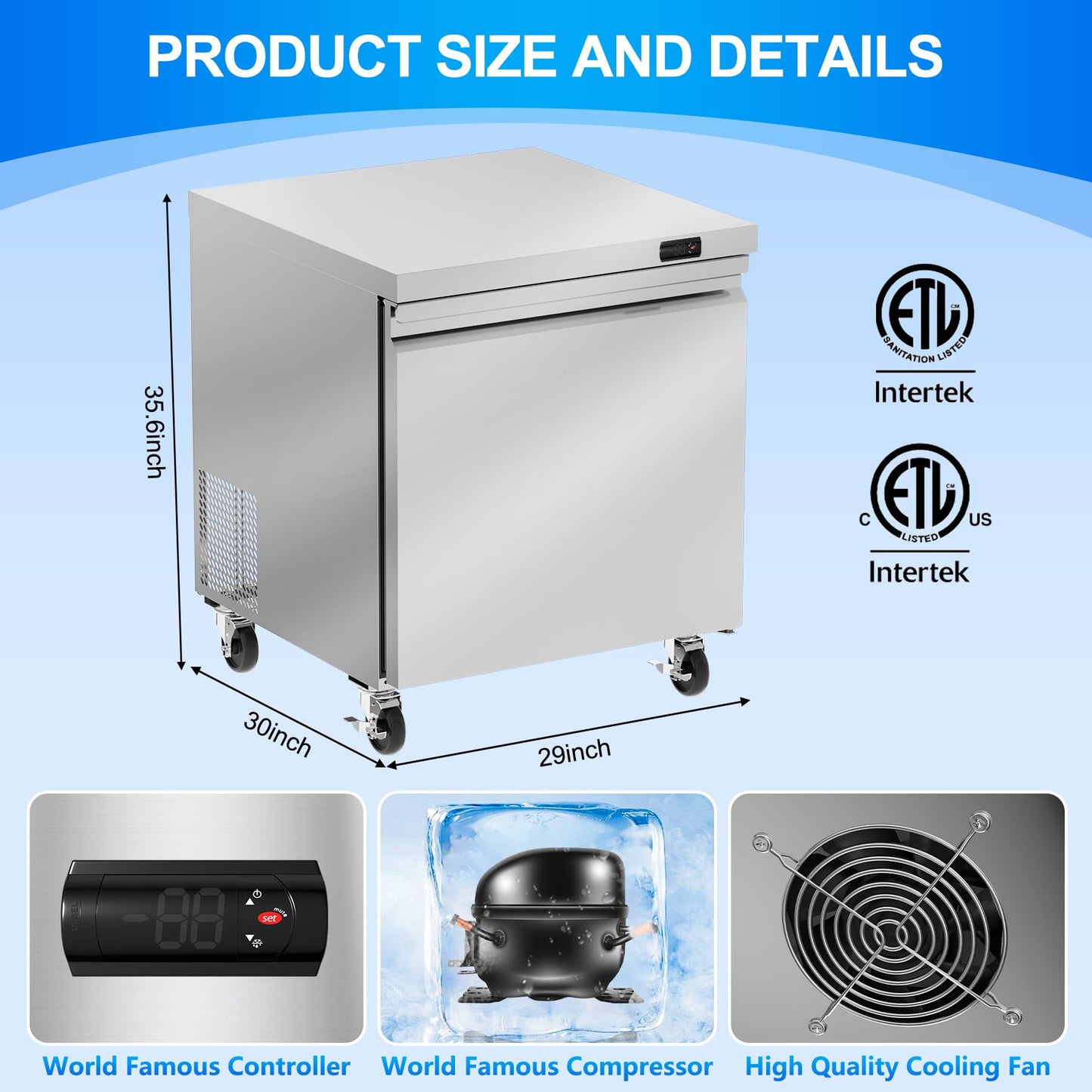 Rockitch 29" W Commercial Undercounter Freezer, 6.7 Cu.ft Stainless Steel Worktop Freezer, Single Door Fan Cooling Kitchen Fridge with Adjustable Shelves for Restaurant Food Prep, ETL Approved