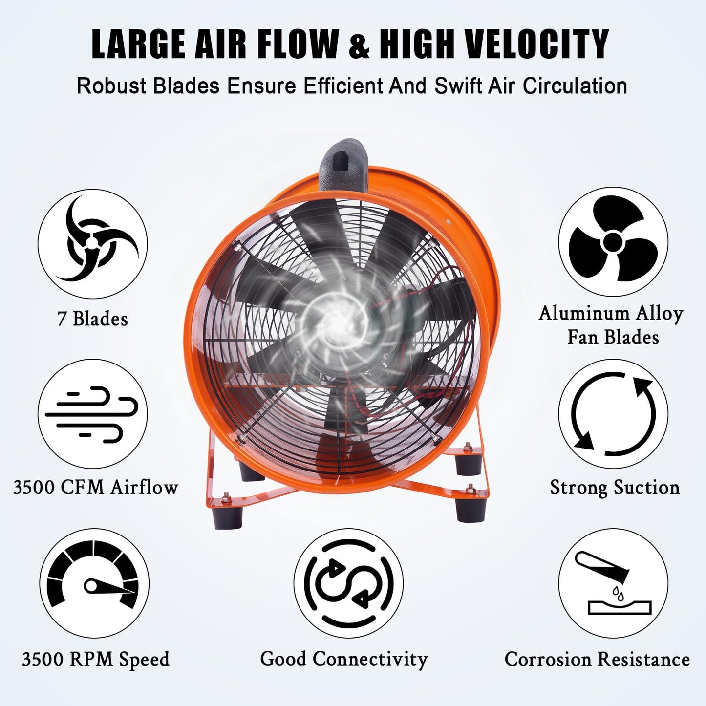 ExploreHorizon 12-Inch Heavy Duty Portable Exhaust Fan - 3500 CFM High Velocity Blower, Utility Blower Exhaust Fan with 16ft Vinyl Hose - Ideal for Crawl Spaces, Attics, Basements, Workshops, Garage
