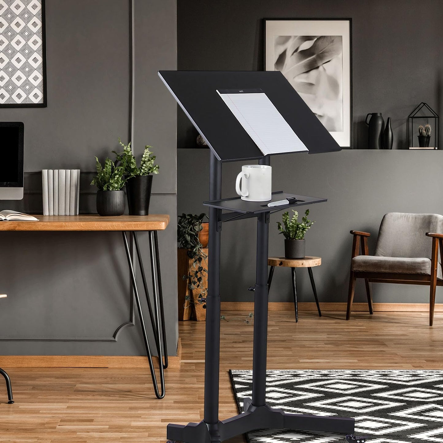 Mount-It! Mobile Podium Stand with Wheels, Adjustable Height Rolling Lectern, Portable Standing Desk with Tilted Shelf and Storage for Office, Classroom, and Presentations