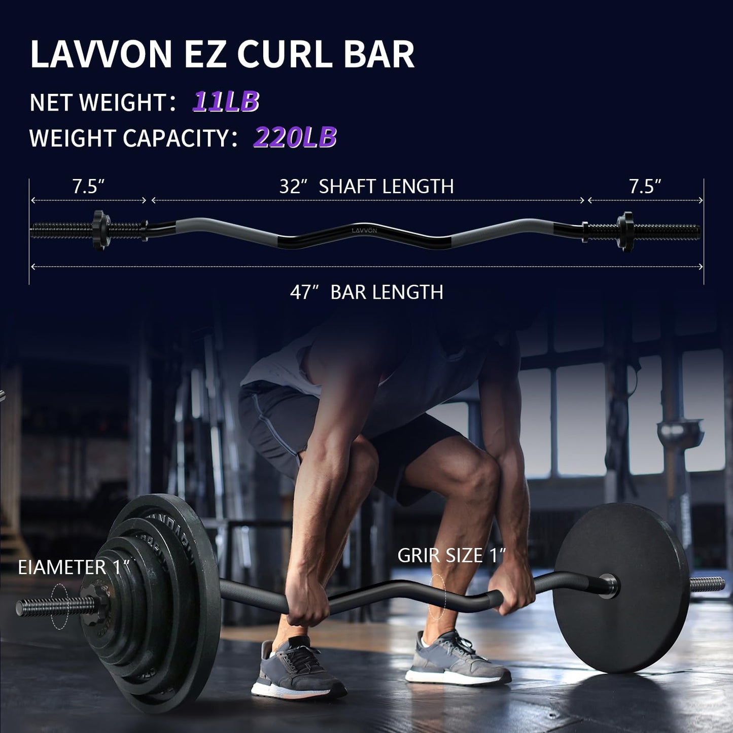 47" EZ Curl Bar Weight Lifting Bar, 1-inch Curling Bars for Weight lifting, Barbell bar for Hip Thrusts/Squats/Lunges for Gym and Home, With 2 Star Double Risk T-nuts (220lb Weight Capacity) (Black)