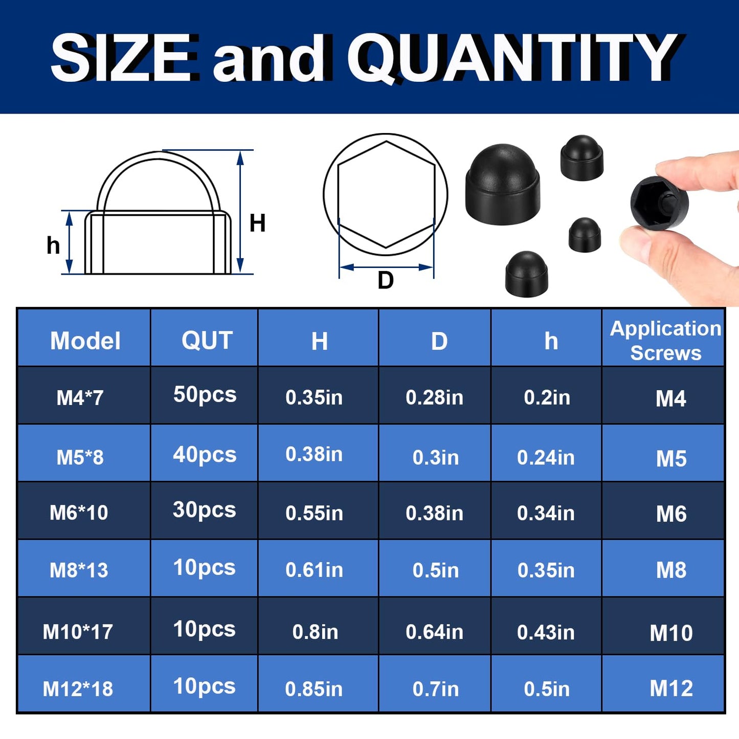 smseace 150pcs 6-Values Bolt and Nuts Protective Caps M4/M5/M6/M8/M10/M12 Bolt Covers Caps kit Nuts and Bolt Cap Assortment Kit Used Protect Hex Screws