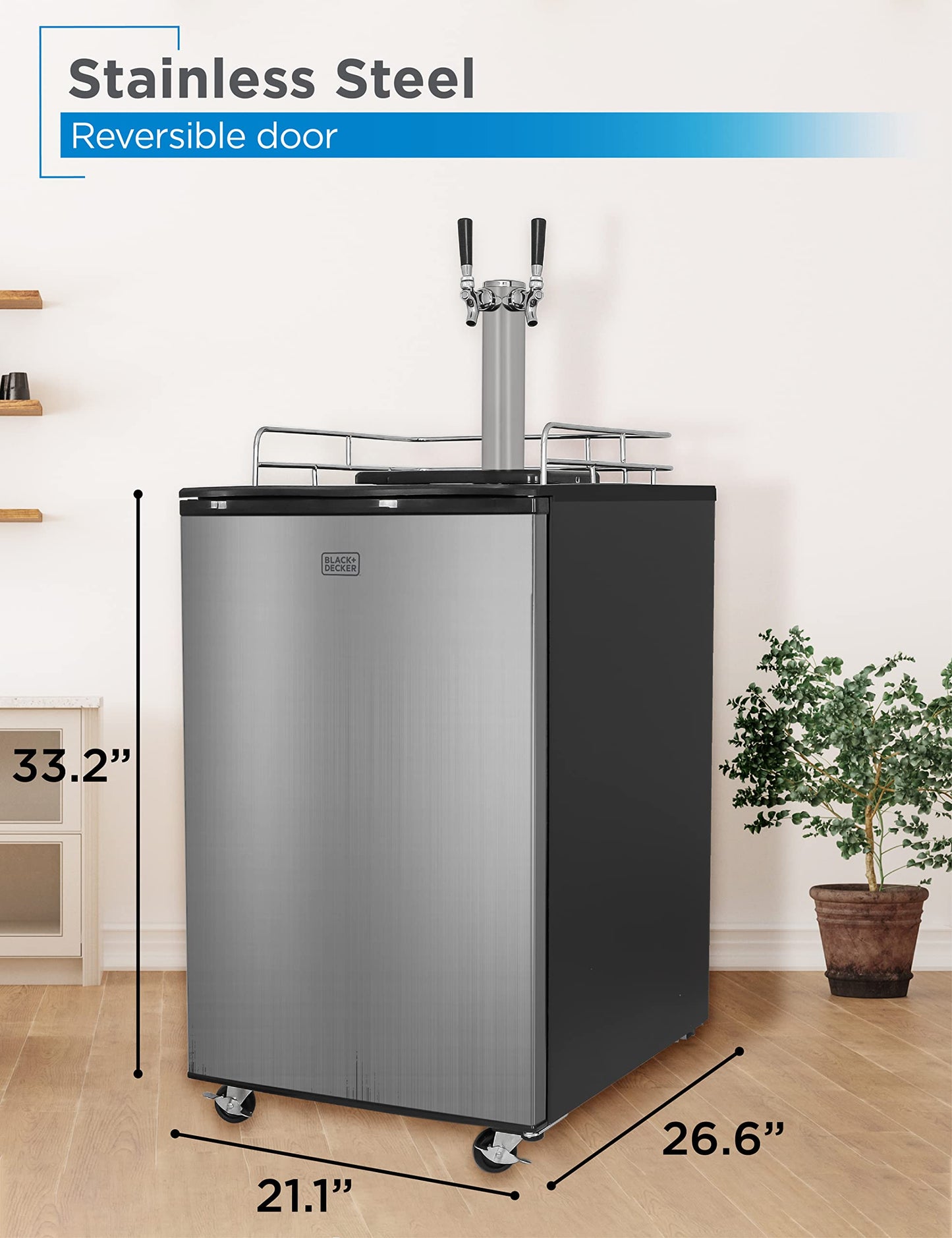BLACK+DECKER Beer Kegerator, 6.1 Cu. Ft. Extra Large Capacity Draft Beer Machine for Home with Double Tap & 2-Shelf Fridge
