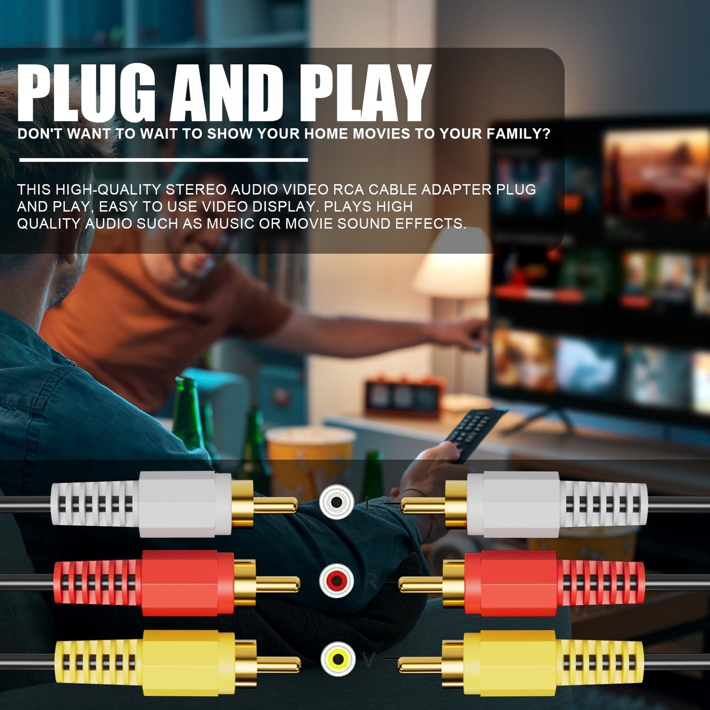 Eanetf 3RCA 24K (5ft-1pcs) RCA Cables, Cable Audio Video Gold Plated Connecting Audio Video Components AV Male to Male
