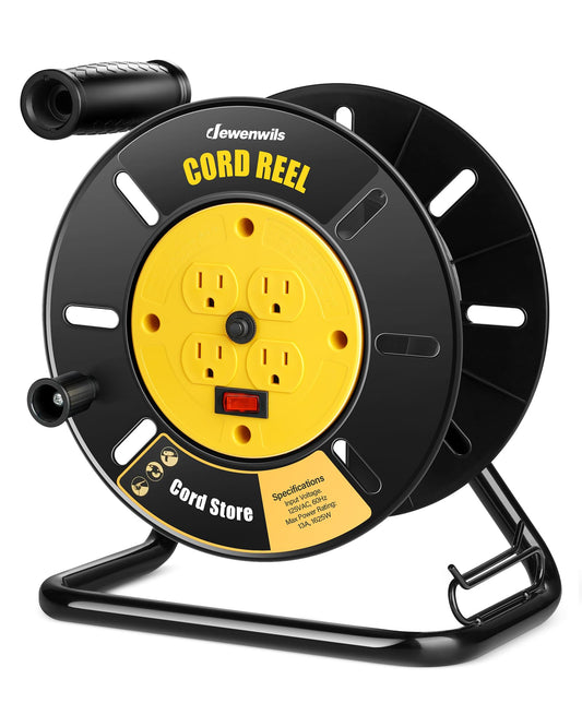DEWENWILS Extension Cord Storage Reel with 4-Grounded Outlets, Heavy Duty Open Cord Reel for 12/3,14/3,16/3 Gauge Power Cord, Hand Wind Retractable, 13A Circuit Breaker, Yellow, ETL Listed