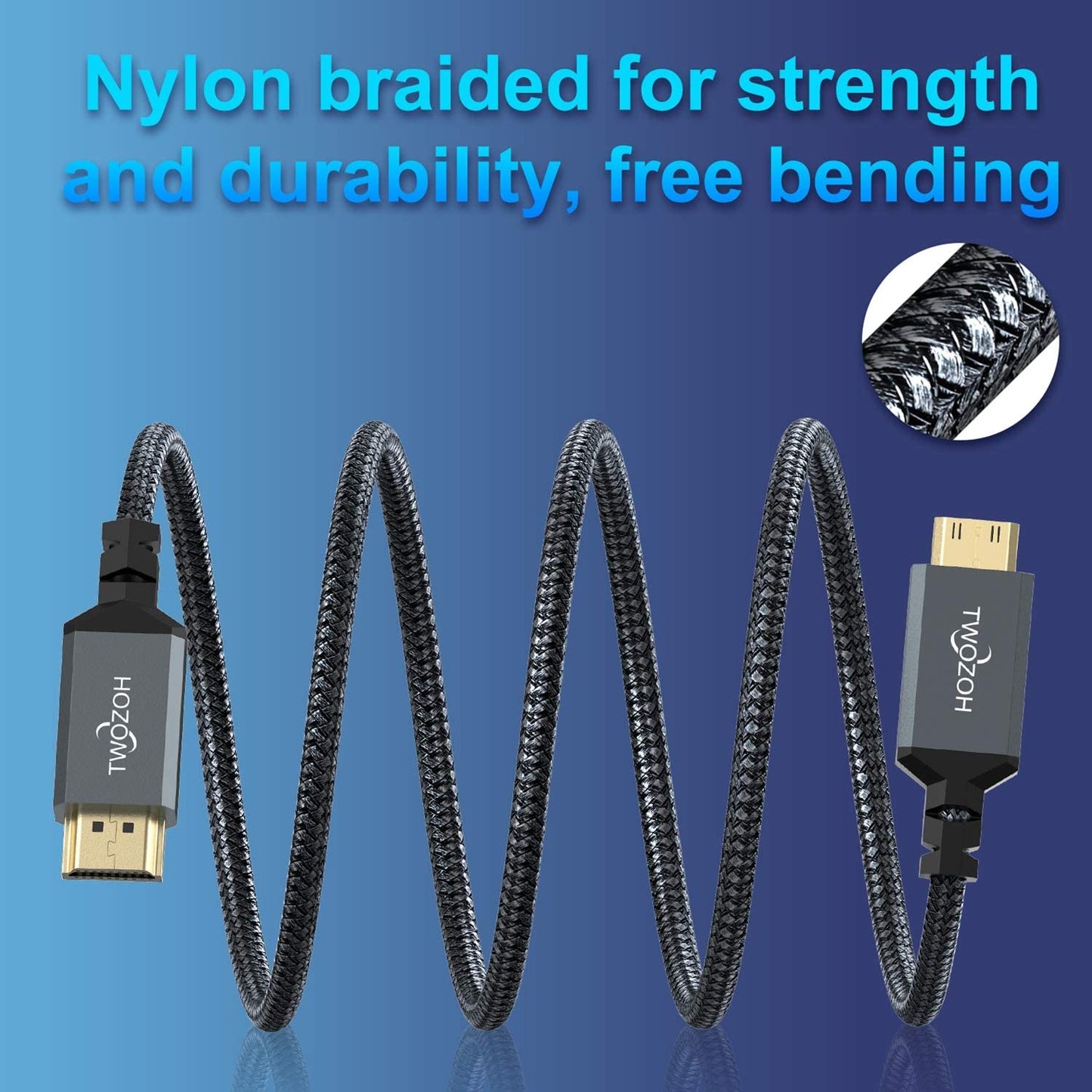 Twozoh 6.6FT 2 Pack, 3D/4K@60Hz 18Gbps/2160P/1080P Mini HDMI to HDMI Cable Nylon Braided HDMI to Mini HDMI Support