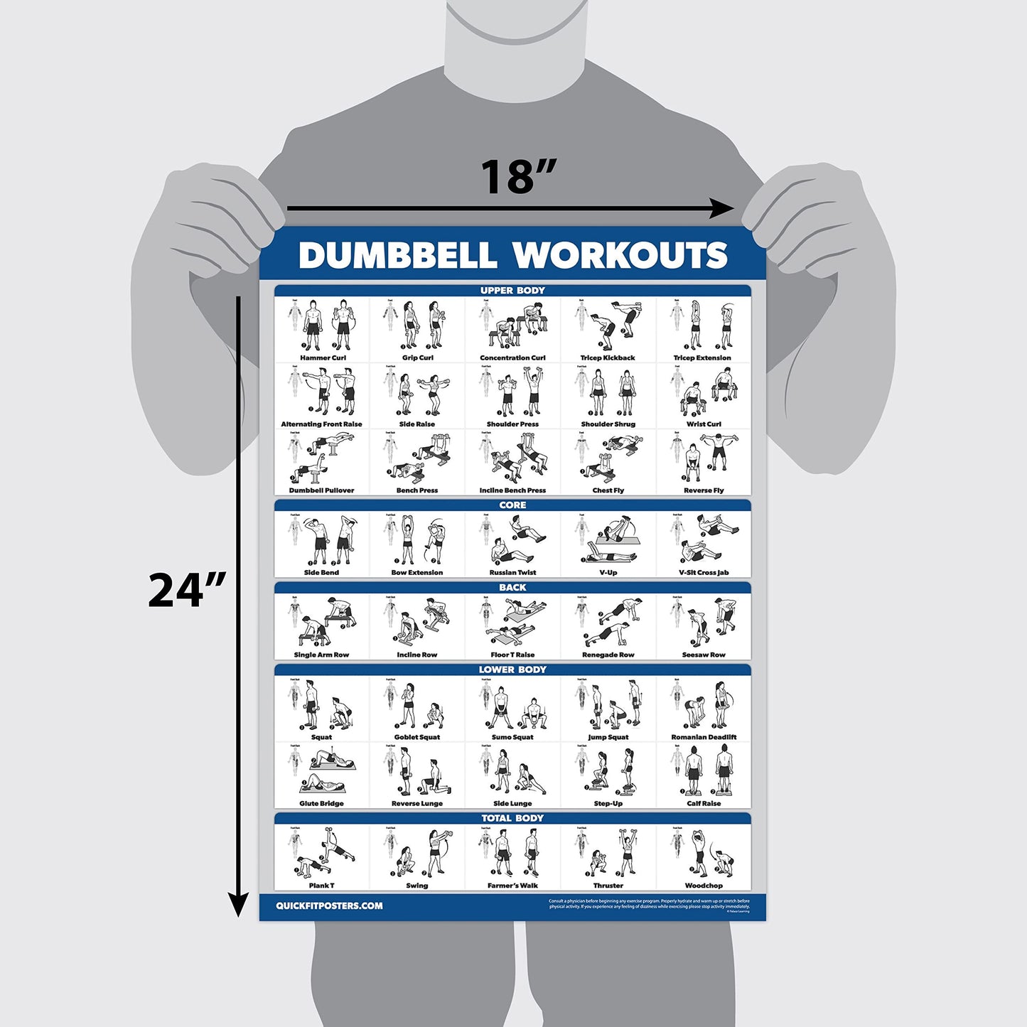 16 Pack - Exercise Poster Set, Dumbbell, Suspension, Kettlebell, Resistance Bands, Medicine Ball, Battle Rope, Stretching, Bodyweight, Barbell, Yoga, Exercise Ball, Muscular (LAMINATED, 18" x 24")