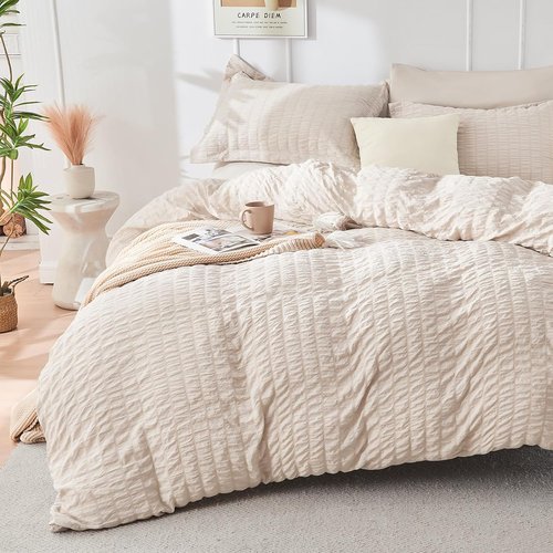 HYMOKEGE King Comforter Set - Luxury 7-Piece Beige Seersucker Bedding Set for All Seasons | Includes Comforter, Sheets, Pillowcases & Shams