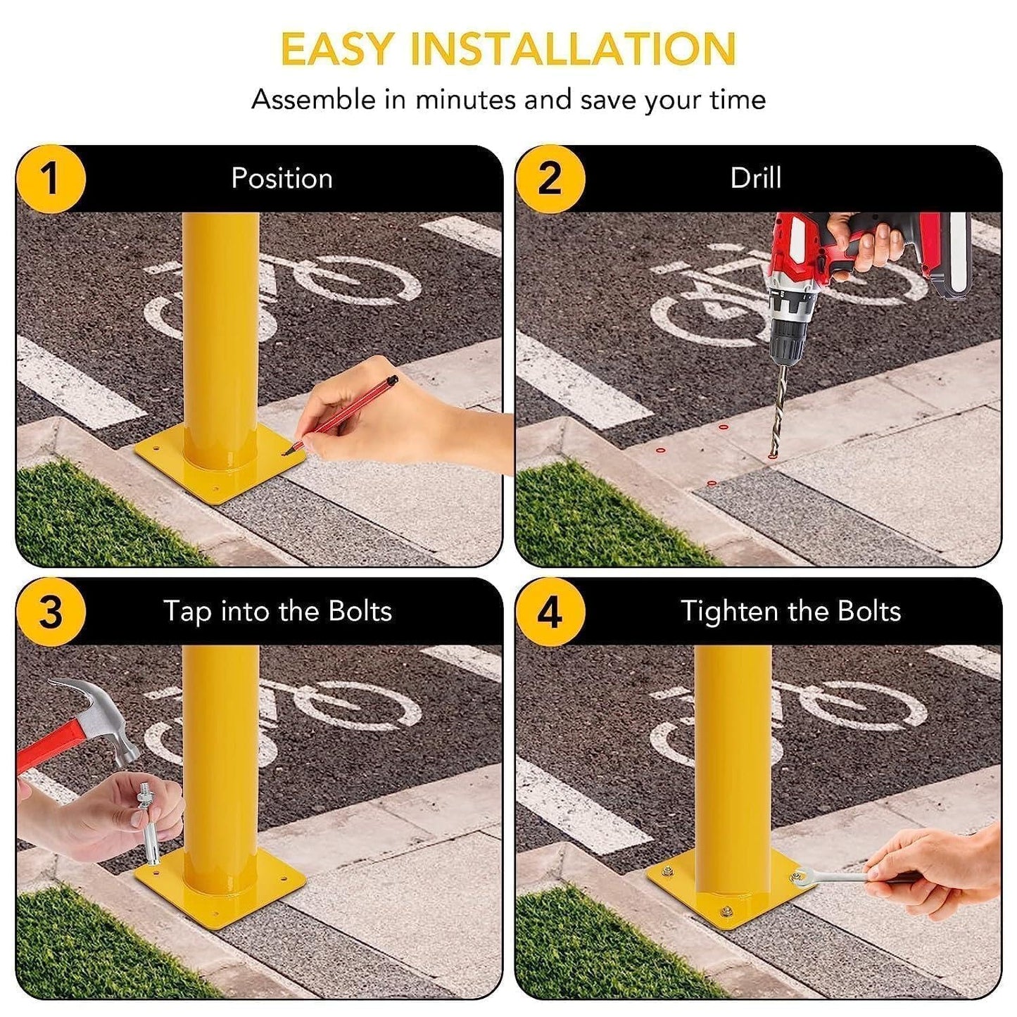 6Pcs 48 Inch Safety Bollard Post, 4.5 Inch Diameter Steel Pipe Bollard with 24 Anchor Bolts, Heavy Duty Yellow Steel Bollard for Parking Lot Security, Driveway Barrier, Traffic-Sensitive Areas