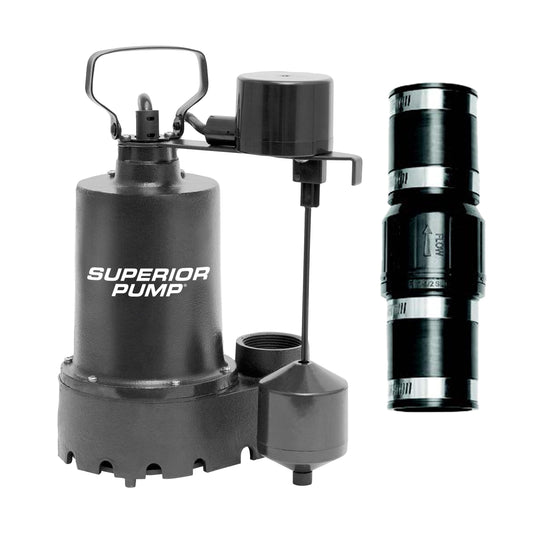 Superior Pump 92031 Cast Iron Submersible Sump Pump with Vertical Float Switch, plus 1-1/2-Inch Rubber Boot Check Valve, 1/3 HP, Kit