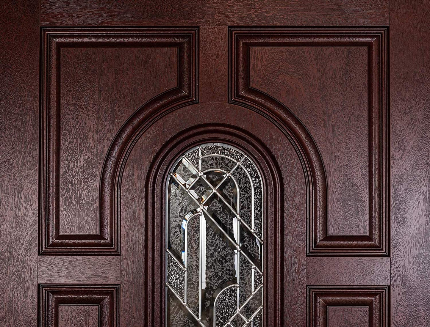 BGW Doors Mahogany Finish Fiberglass Double Front Entry Door with Brickmould and Decorative Glass, Prehung Pre-Finished Exterior Door, Right Hand Inswing, 36x36x80