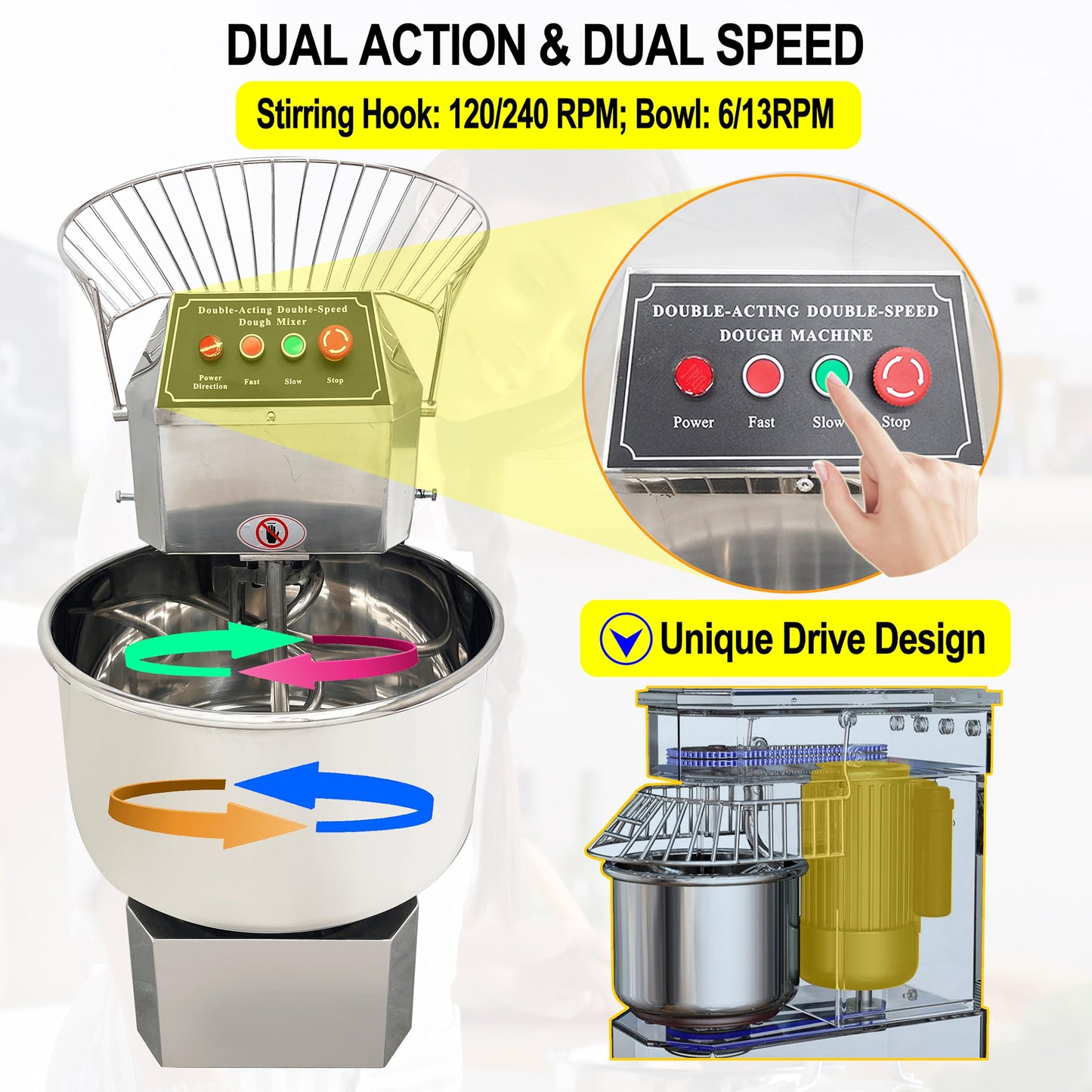 LGXEnzhuo 40L Commercial Dough Mixer with Dual Rotation and Double Speed, 1800W Electric Dough Kneading Machine - Stainless Steel, Spiral Hook, Emergency Stop, for Pizze and Bread