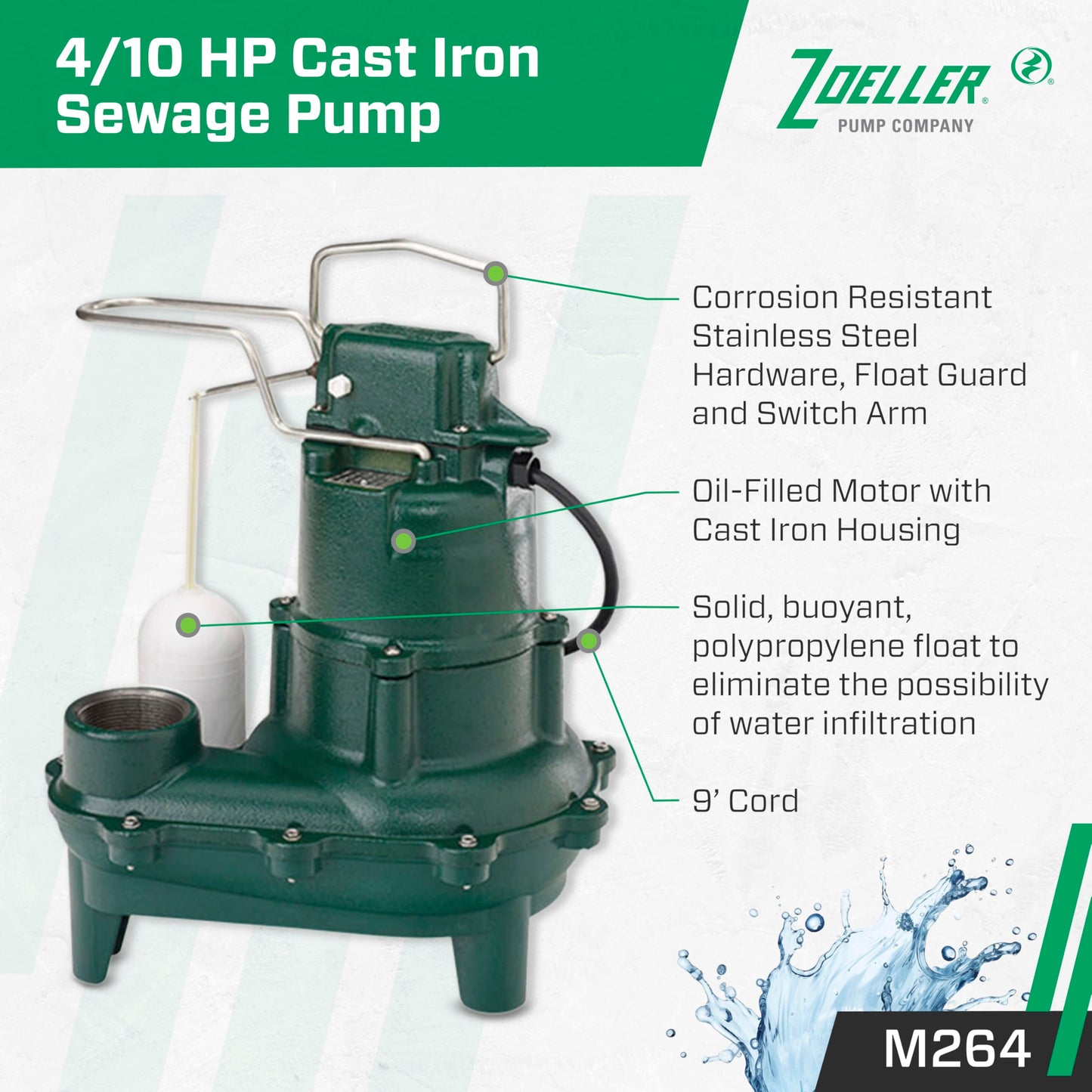 Zoeller M264 Waste-Mate Sewage Pump, 4/10th Horsepower, 115V