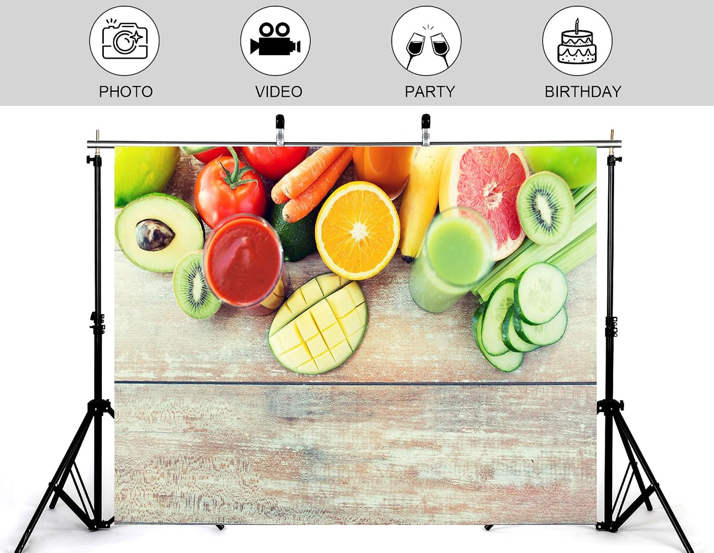 KeyWork 9x9ft Fresh Fruit Smoothie Backdrop Colorful Produce Wooden Table Photography Background for Healthy Themed