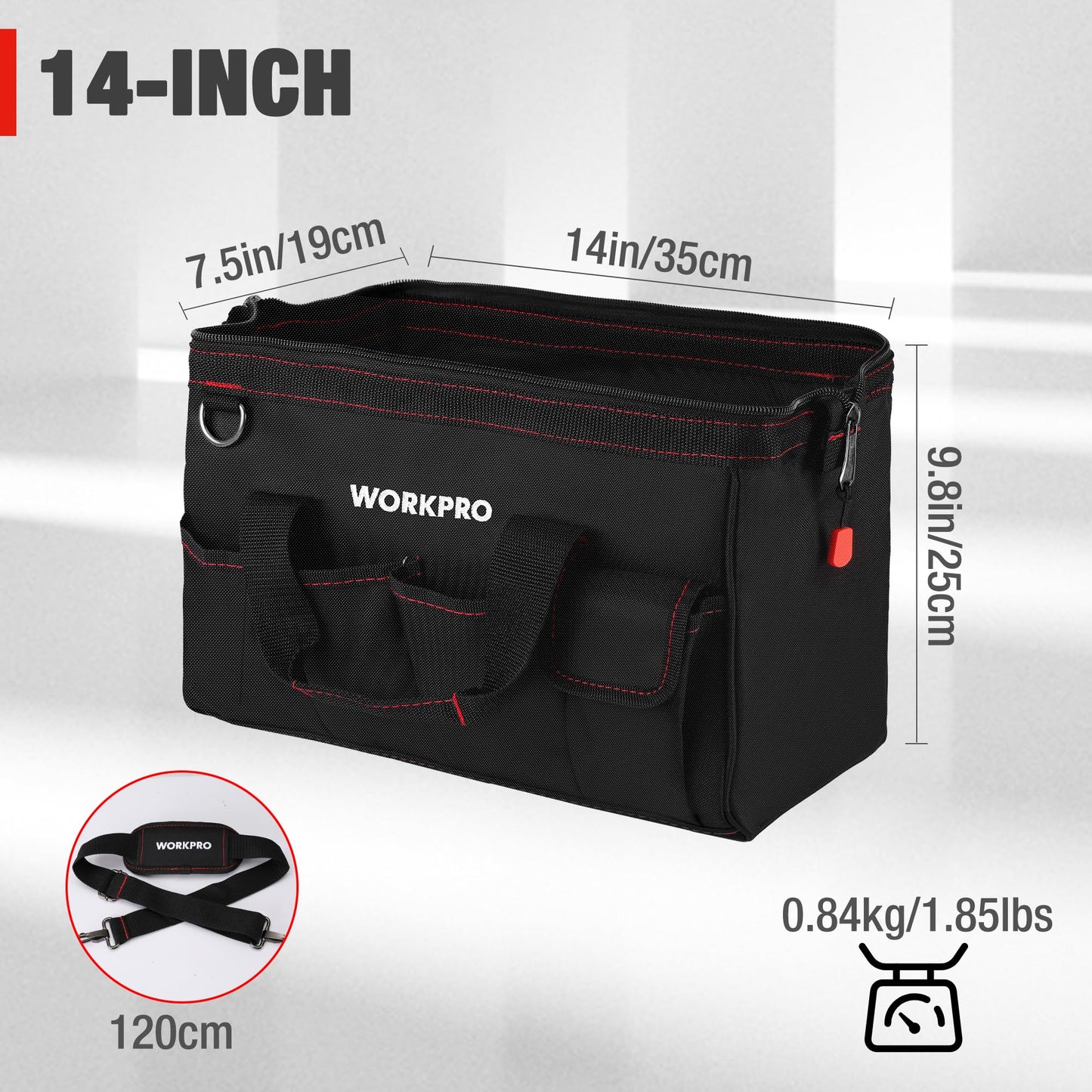 WORKPRO 14-inch Tool Bag, Multi-pocket Tool Organizer with Adjustable Shoulder Strap, W081021A , black