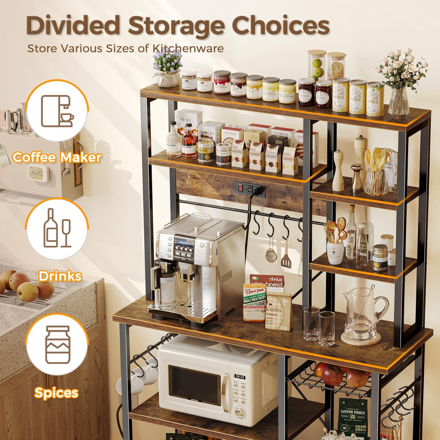 SUPERJARE Large Bakers Rack with Power Outlets, 6-Tier Microwave Stand, Coffee Bar with 12 S-Shaped Hooks, Kitchen Shelf with Wire Basket, 39.4 x 14.6 x 66.9 Inches, Rustic Brown